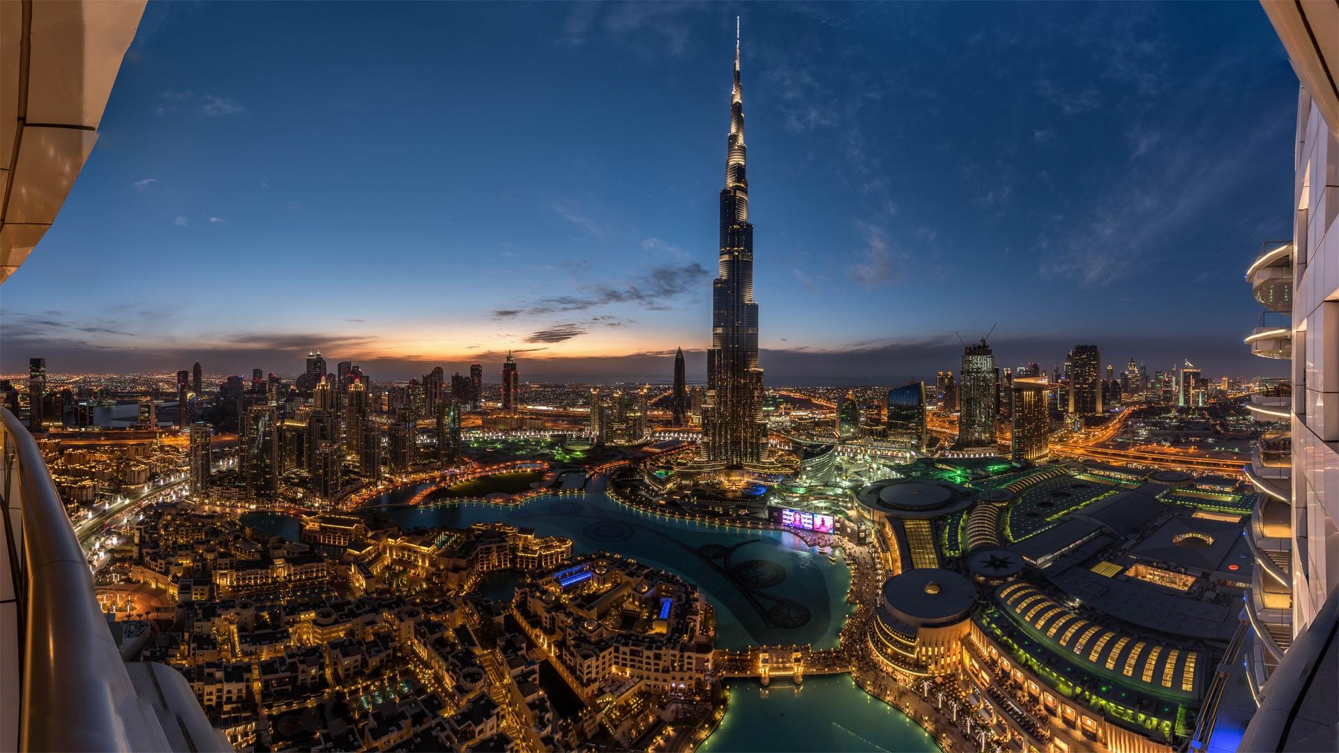 City Cityscape Skyscraper Burj Khalifa Building Sunset City Lights Dubai 1920x1080