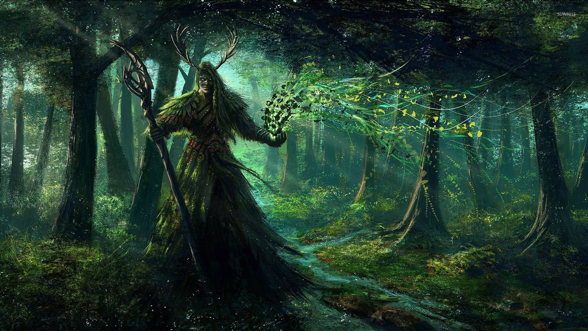 Fantasy Art Digital Art Artwork Trees Forest Plants Dark Creature Water Moon Rays Druids 1920x1080