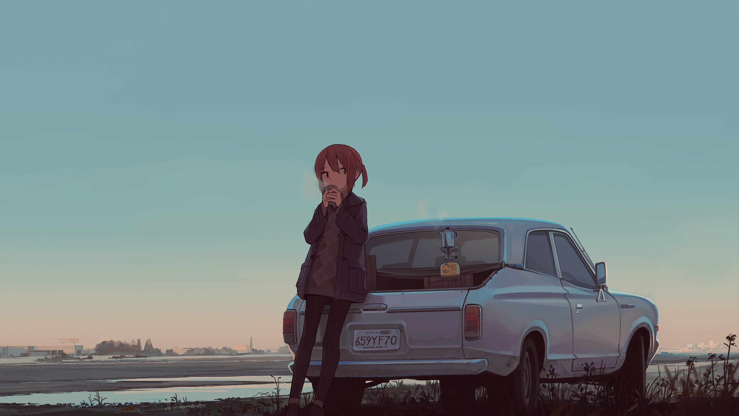 Anime Girls Artwork Car Coffee Datsun 2560x1440