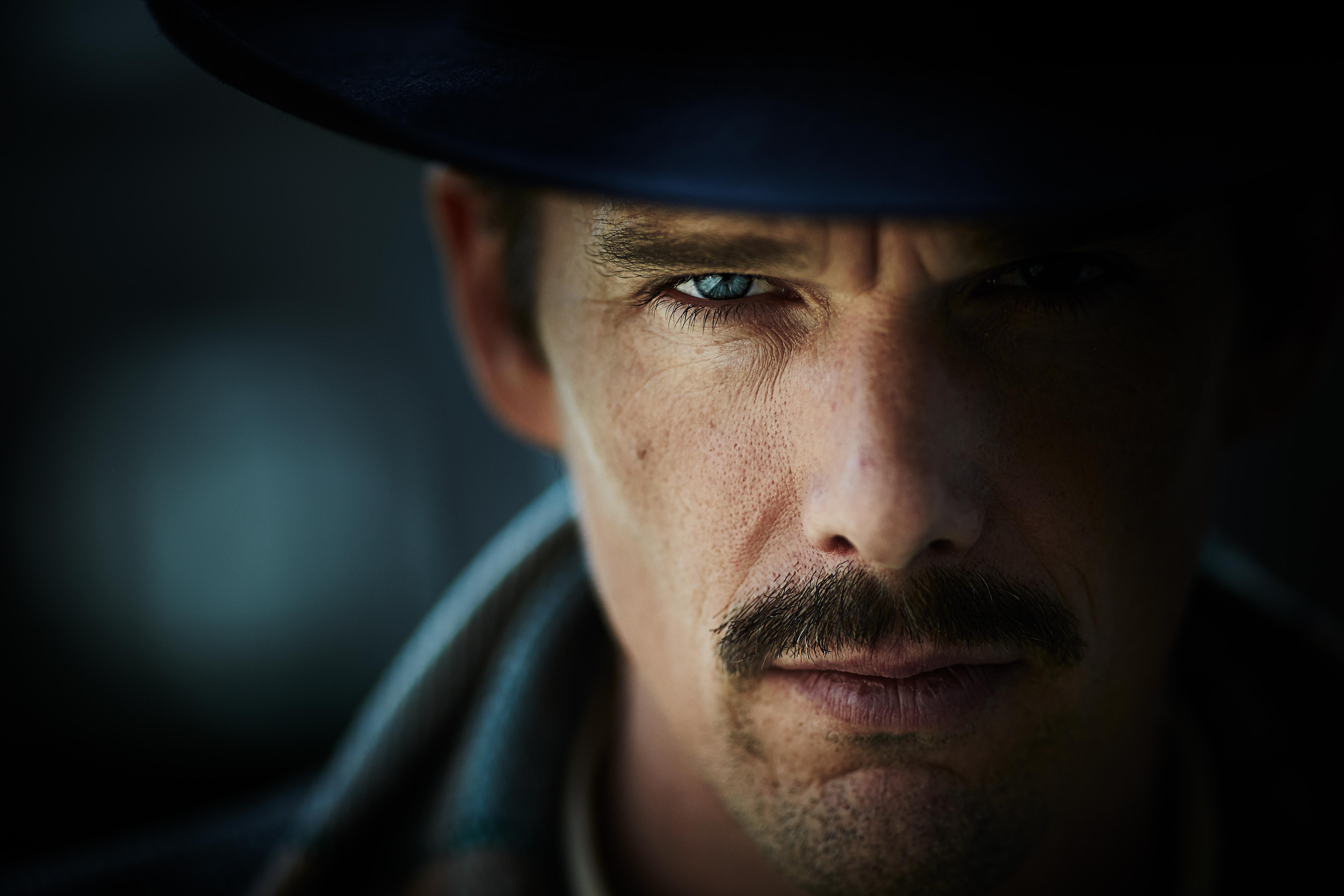 Mustache Hat Actor Ethan Hawke Blue Eyes 4997x3331