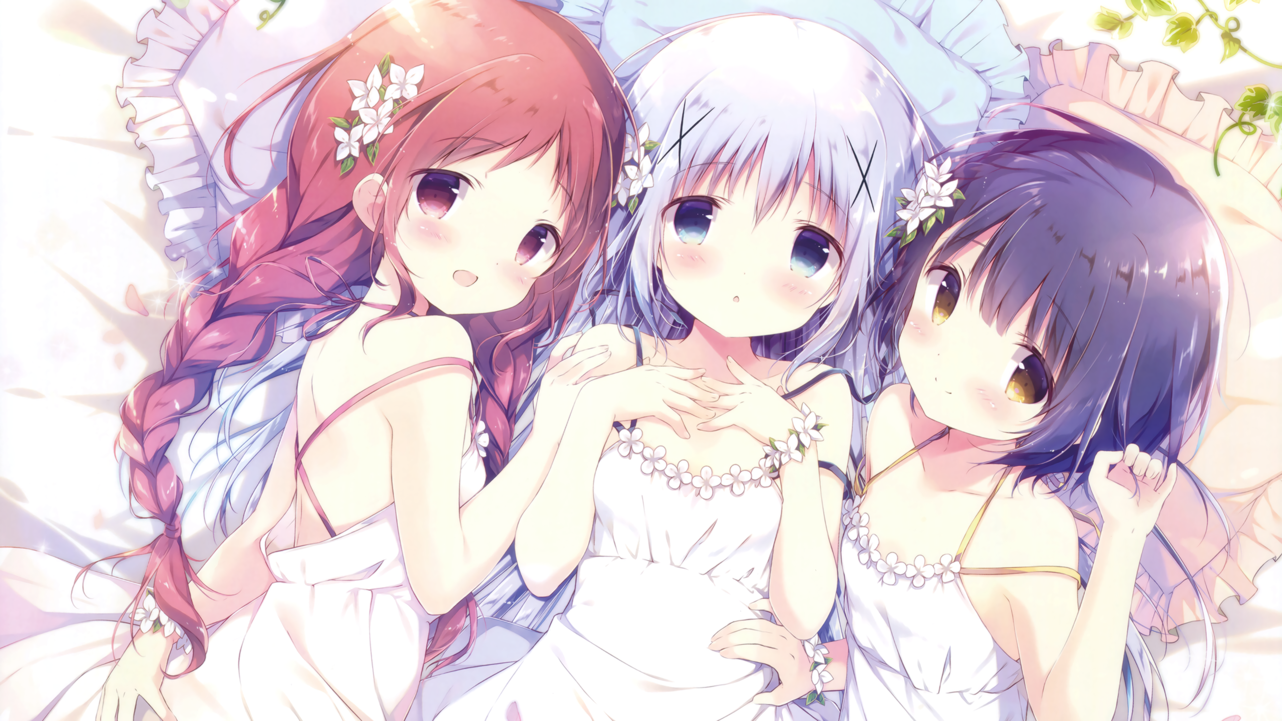 Gochuumon Wa Usagi Desu Ka Jouga Maya Kafuu Chino Natsu Megumi Redhead Red Eyes White Hair Yellow Ey 2560x1440