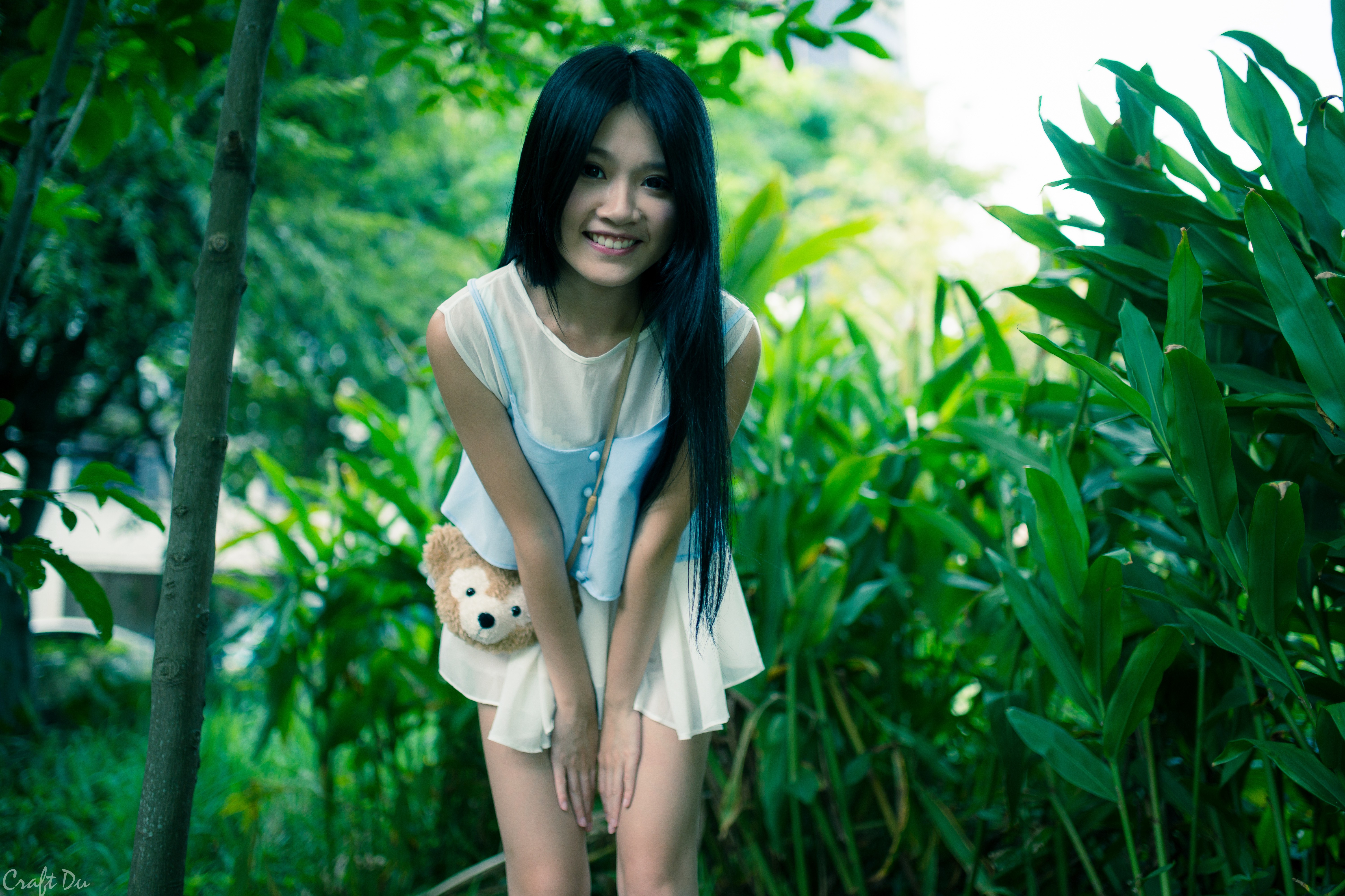 Brunette Long Hair Smiling Hands On Legs White Dress Lu Xin Yu 6000x4000