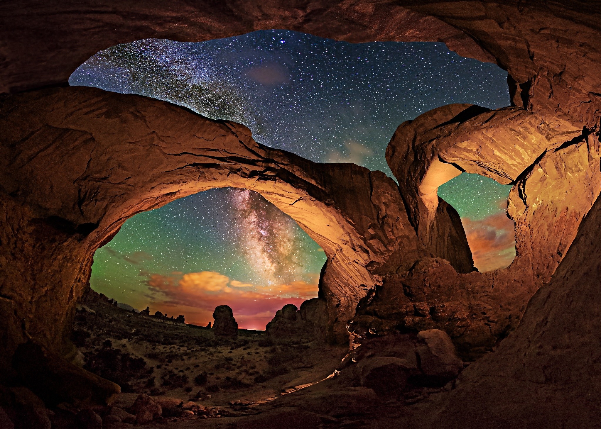 Nature Landscape Milky Way Starry Night Desert Rock Erosion Arches National Park Utah Long Exposure 2048x1463