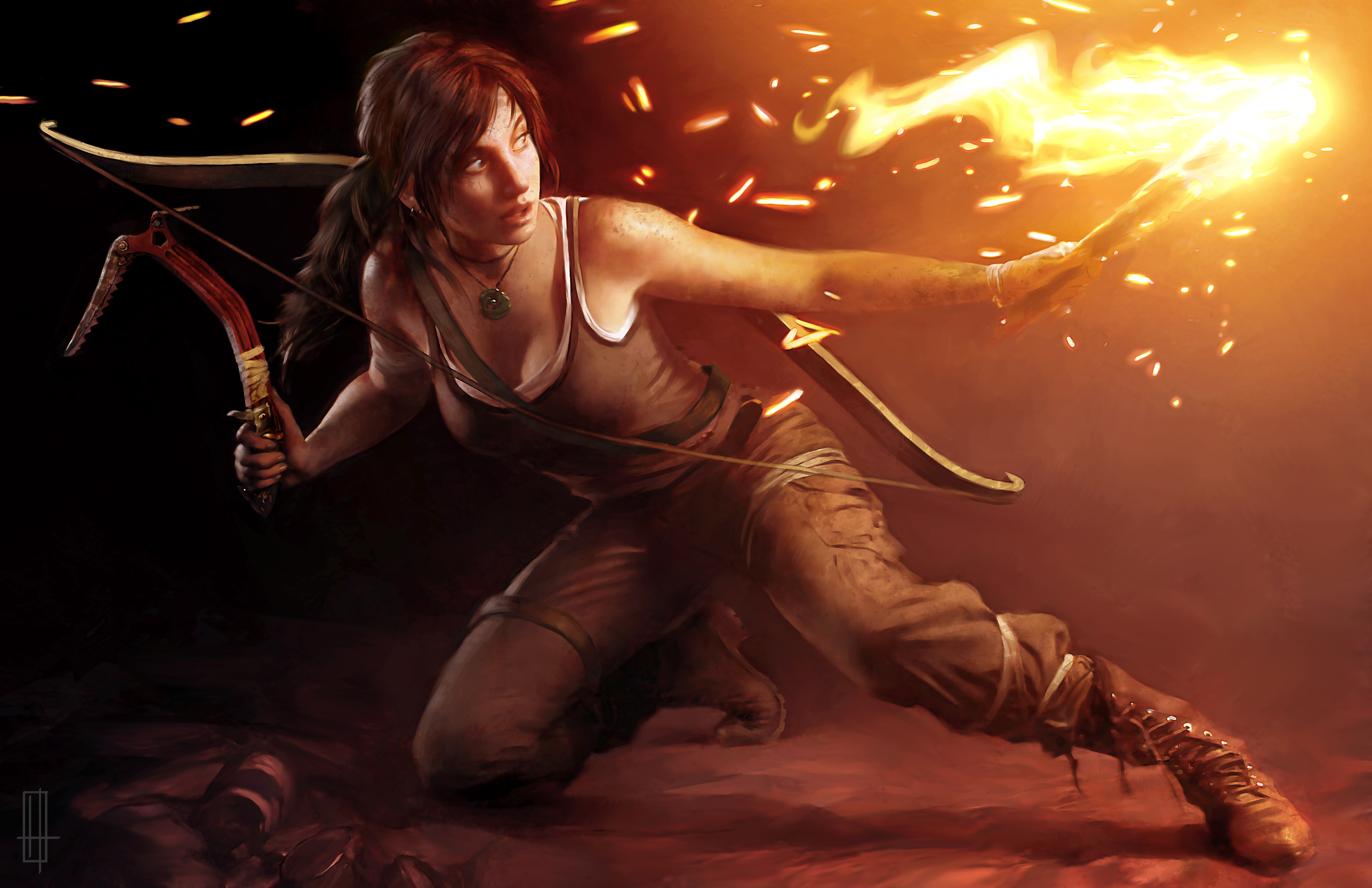 Digital Art Artwork Women Video Games Lara Croft Fire Torches Ponytail Brunette Tomb Raider Bow Long 5109x3306
