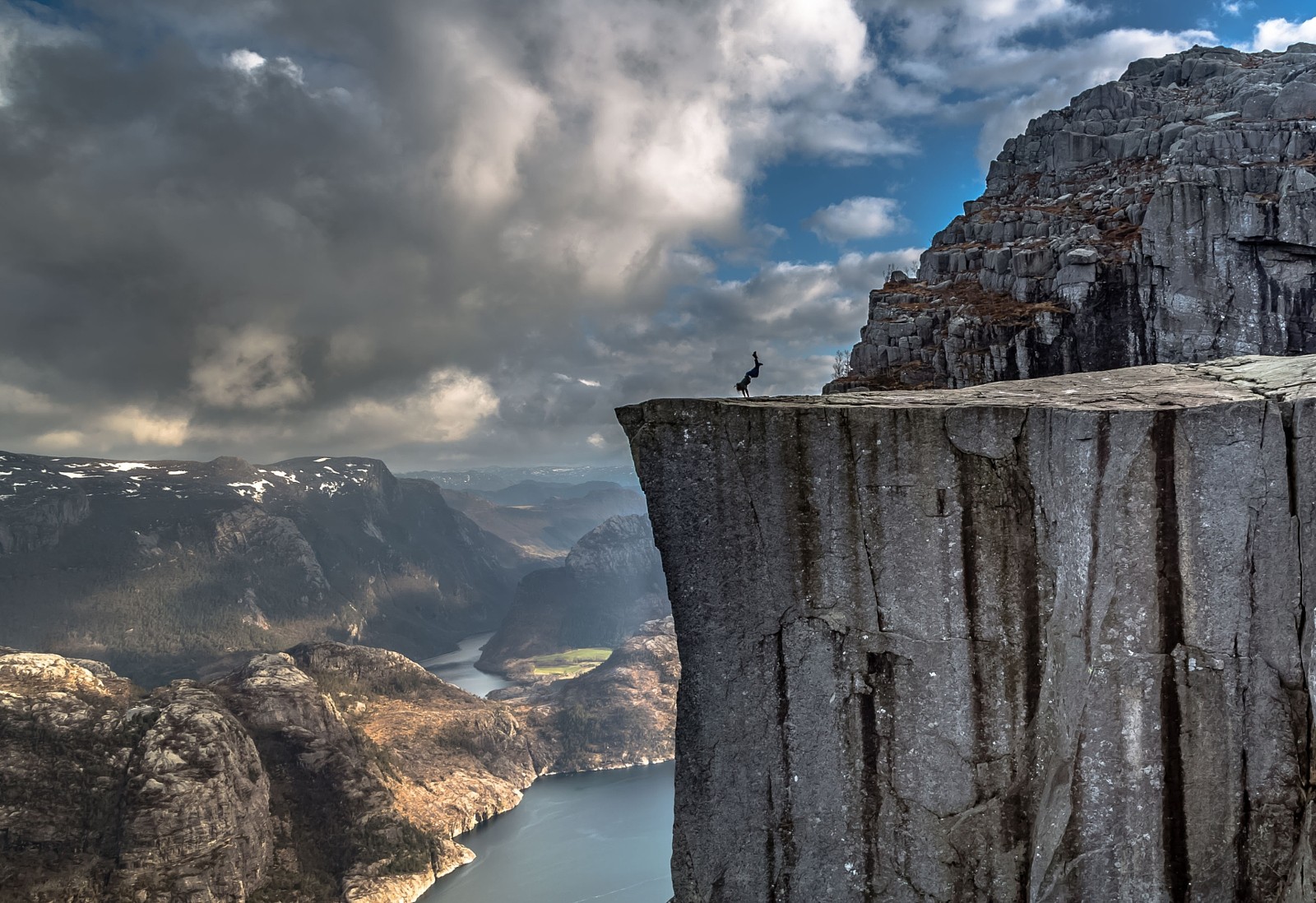 Nature Landscape Photography Handstand Cliff Fjord Mountains Clouds Rock Norway Preikestolen 1600x1098