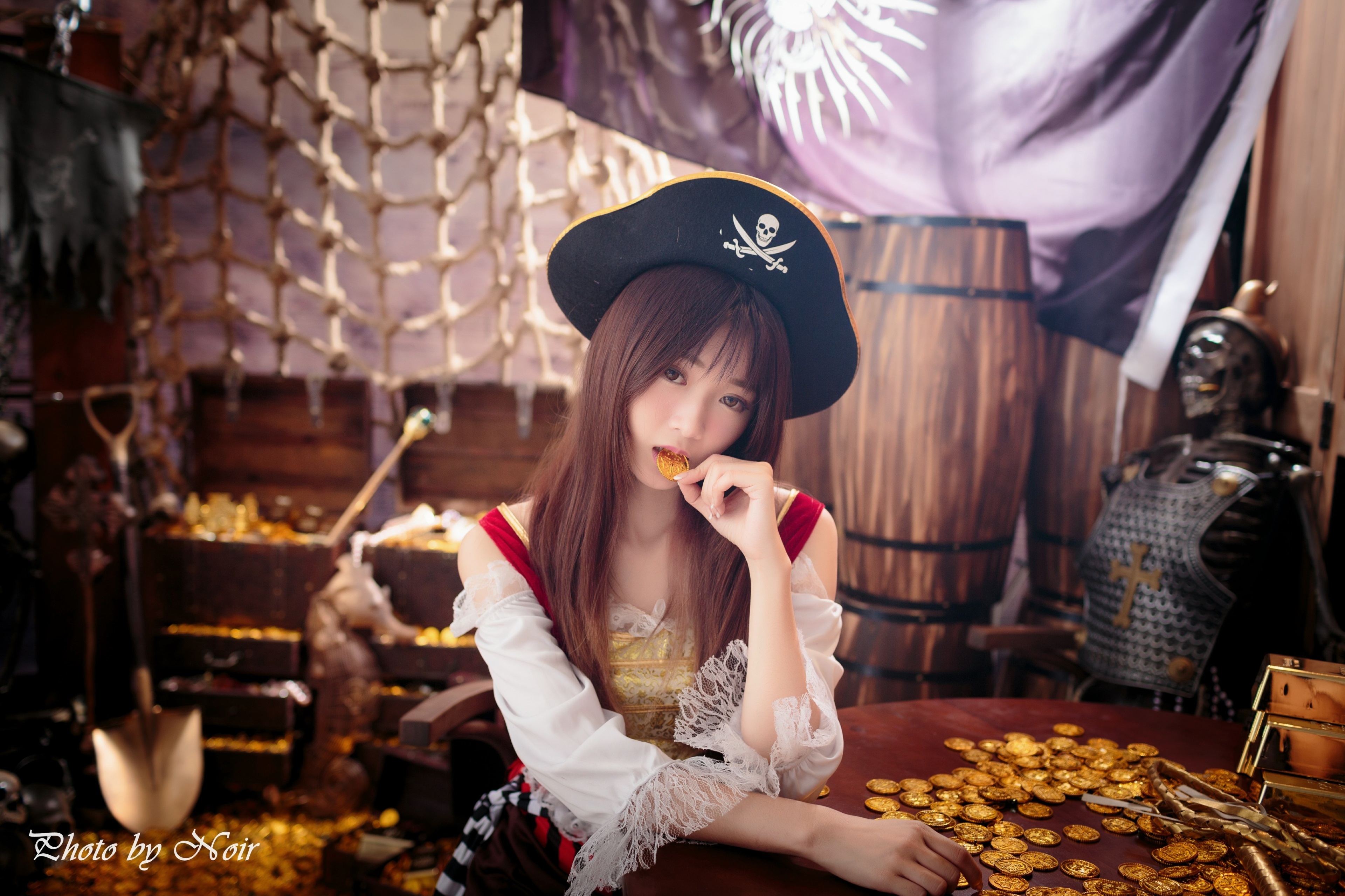 Women Model Brunette Long Hair Asian Bangs Coin Pirates Skull And Bones Hat Cosplay Coins Fishnets G 3840x2560