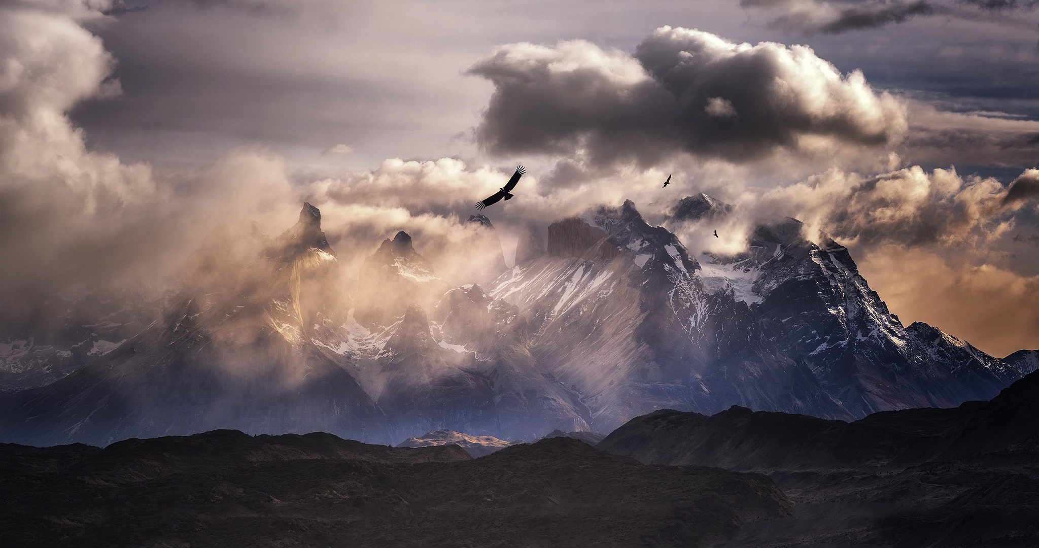 South America Mountains Nature Birds Sky Clouds 2048x1080