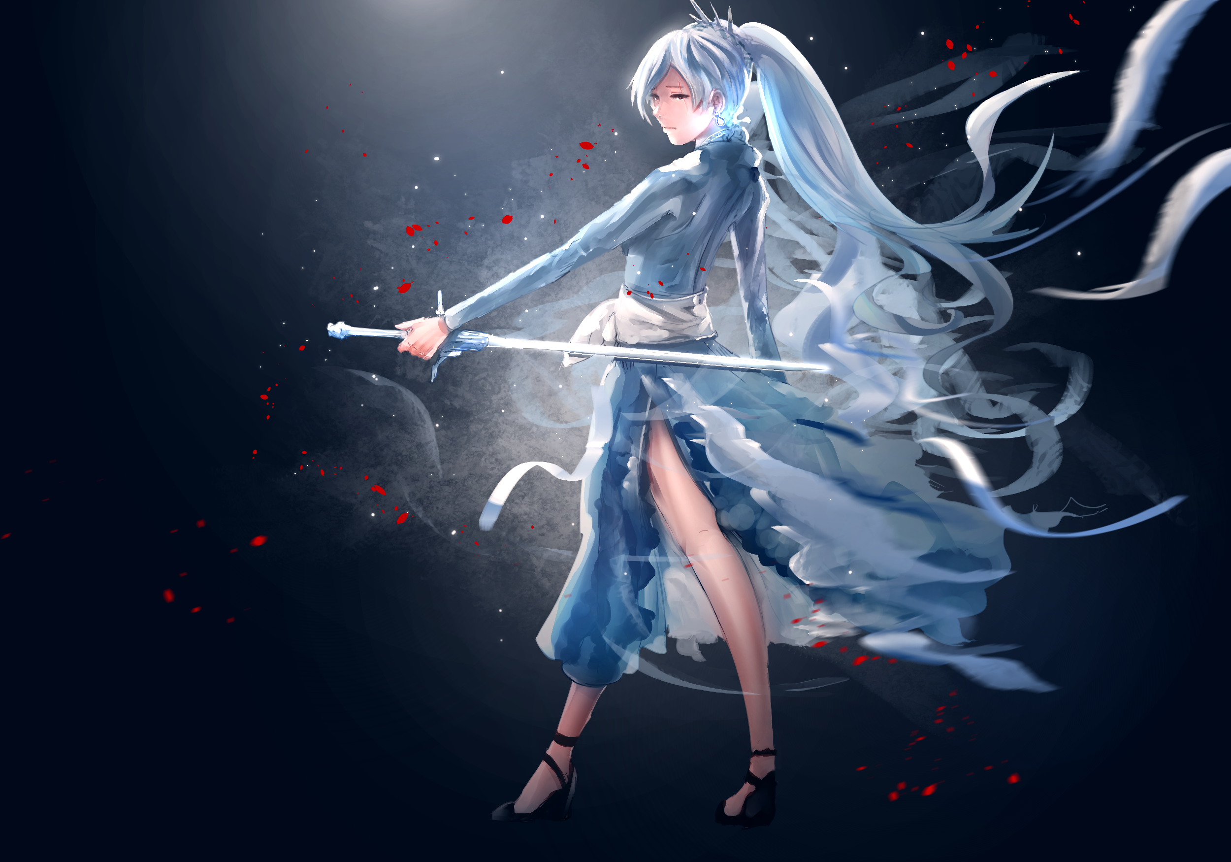 RWBY Digital Art Anime Girls Fan Art Weiss Schnee Long Hair White Hair Skirt Frost Rapier Myrtenaste 2500x1750