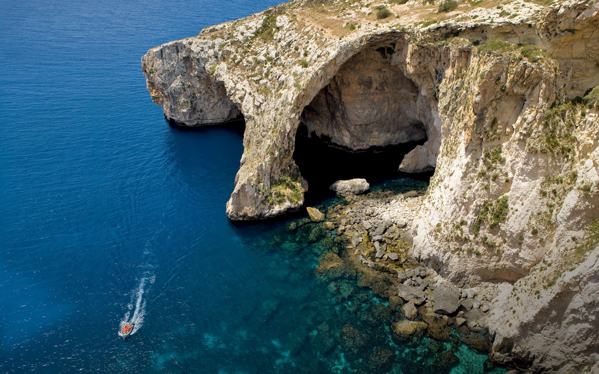 Sea Cliff Cave Island Malta Water Boat Blue Coast Beach Nature Landscape 1920x1200