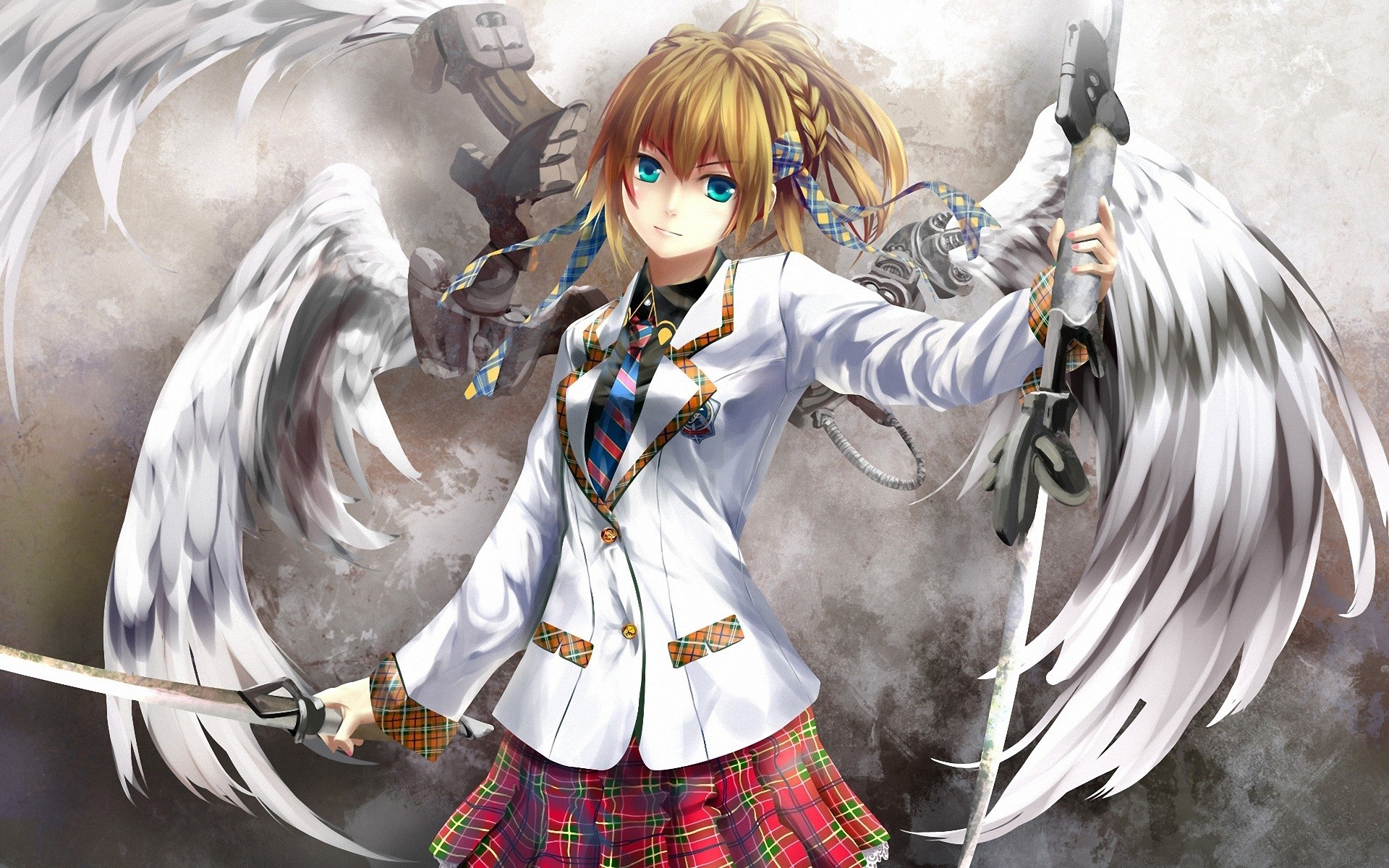 School Uniform Sword Wings Neckties Blue Eyes 1920x1200