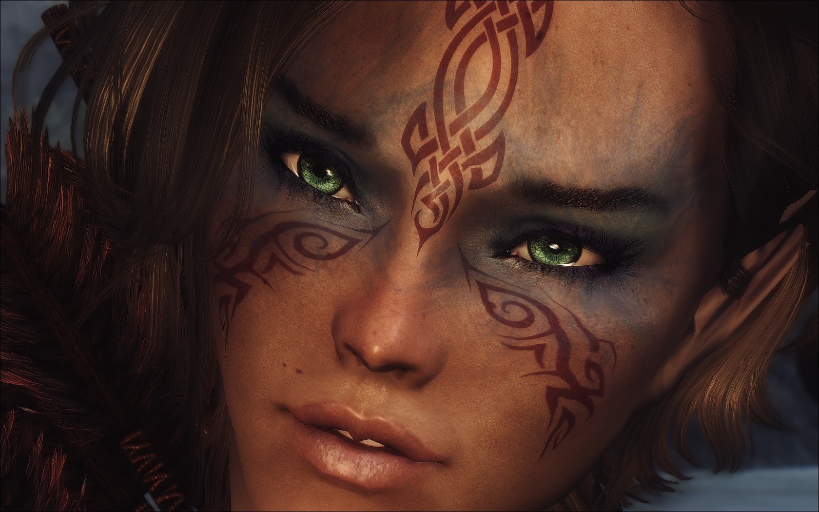 The Elder Scrolls V Skyrim Elves Digital Art Face Video Games Green Eyes PC Gaming Screen Shot Moddi 1680x1050