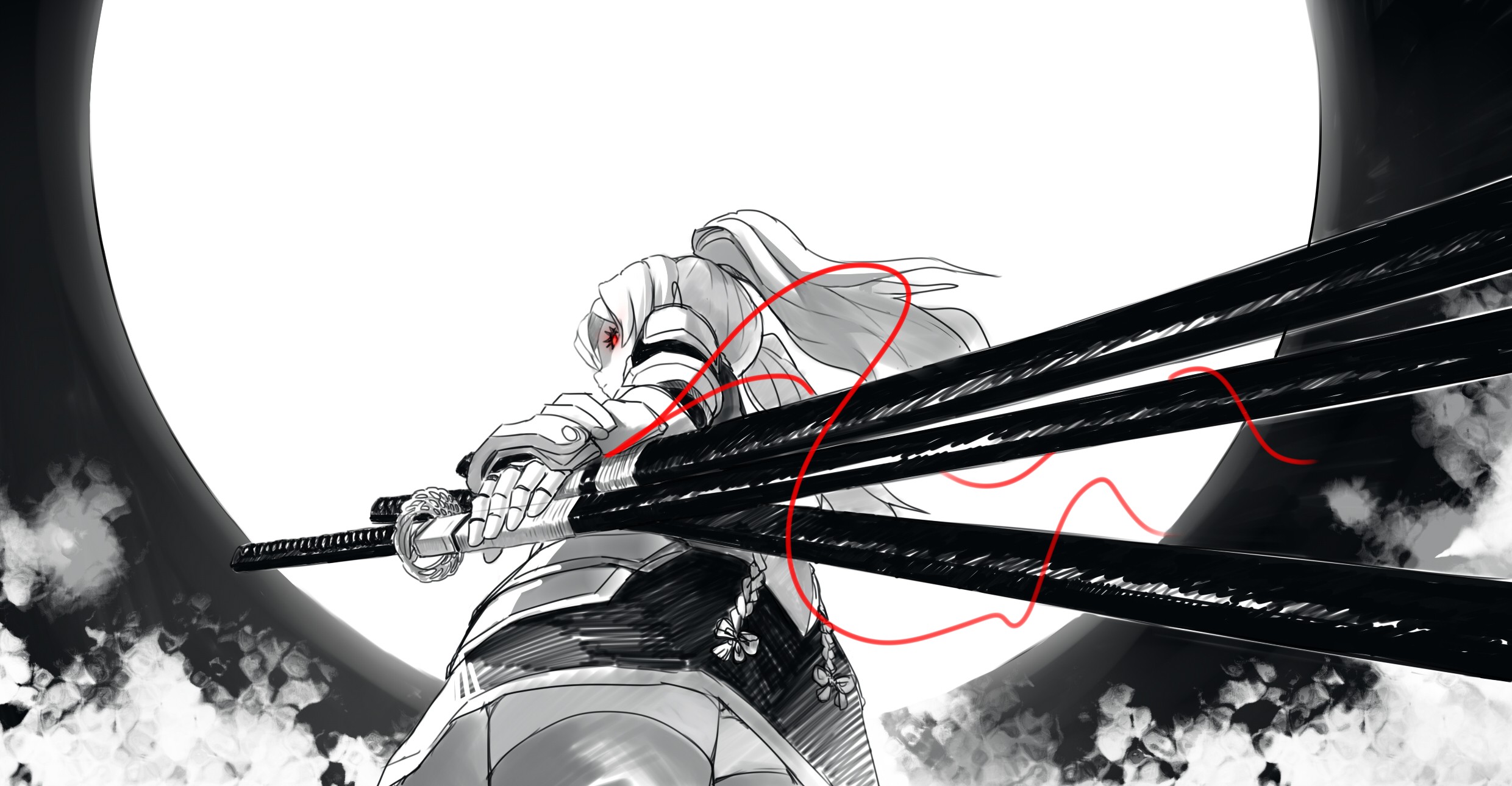 Drawing Digital Art Samurai Sword Katana Dark Anime Selective Coloring Anime Girls Original Characte 2480x1290