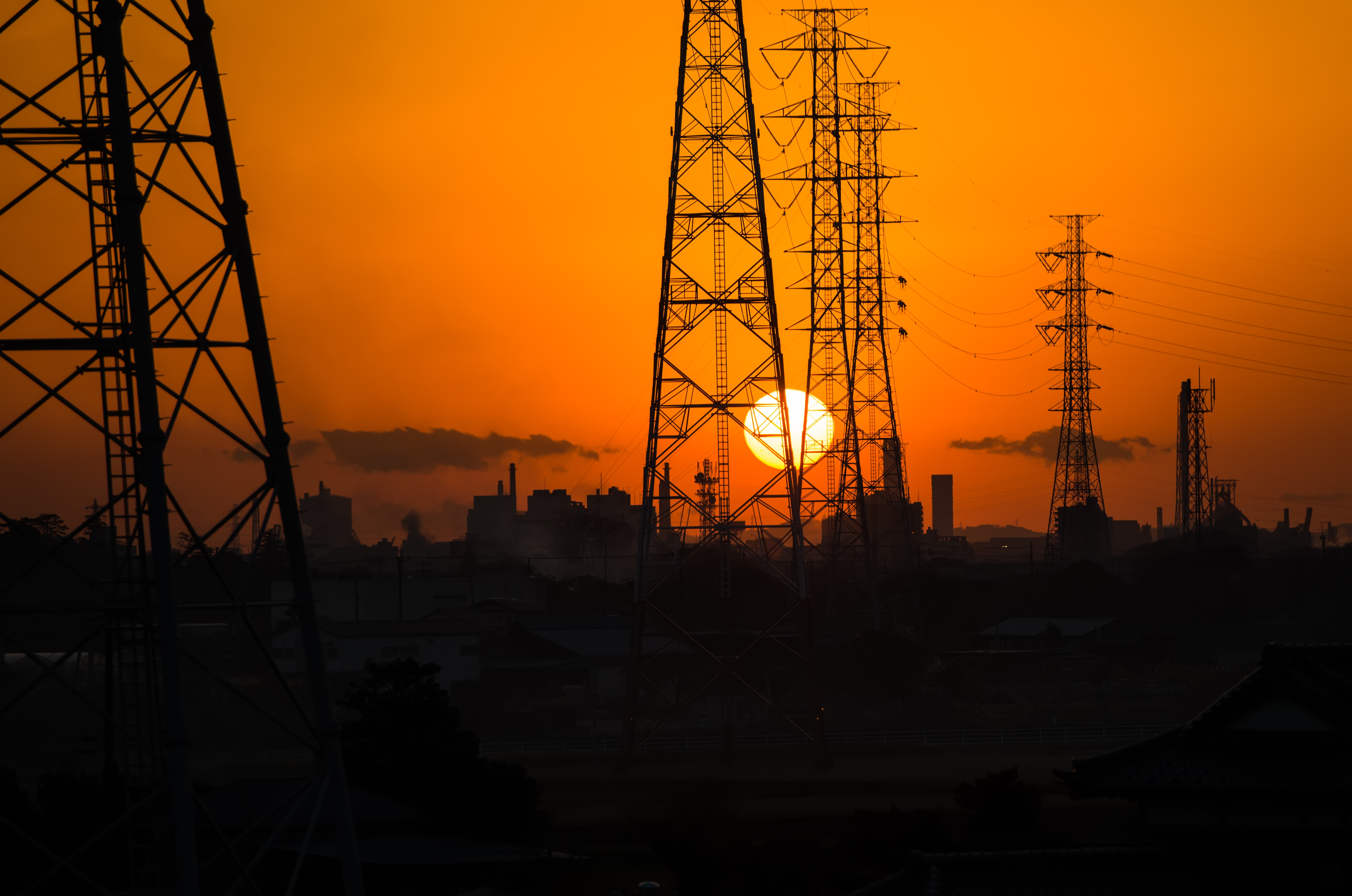 Power Line Power Grid Industrial Chiba Japan Sunset 5781x3833