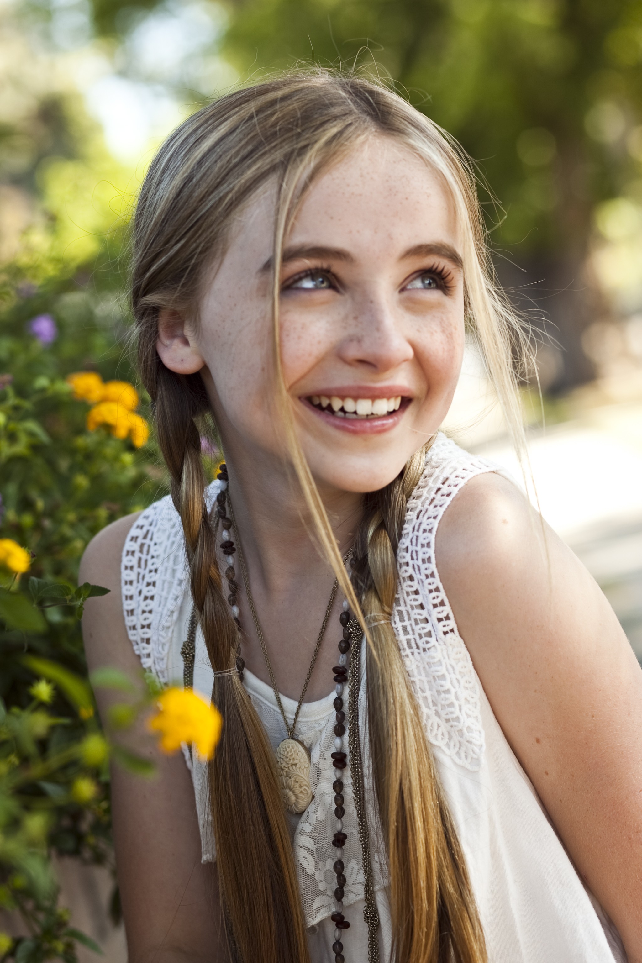 Sabrina Carpenter Women Blonde Long Hair Freckles White Tops Women Outdoors Looking Away