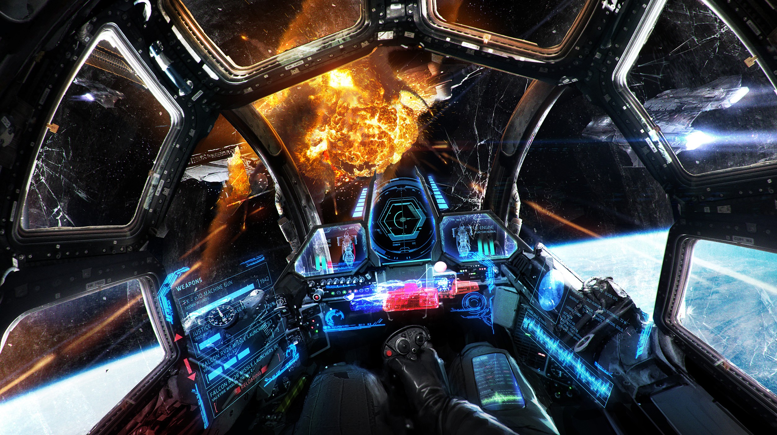 Artwork Science Fiction Space Spaceship HUD Explosion Digital Art War Cockpit 2503x1400