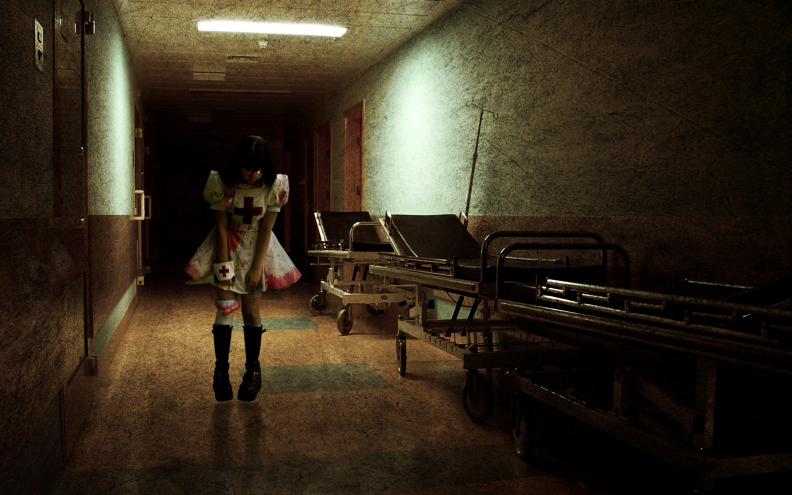Horror Nurse Child Red Cross Hospital Blood White Bed Door 2560x1600