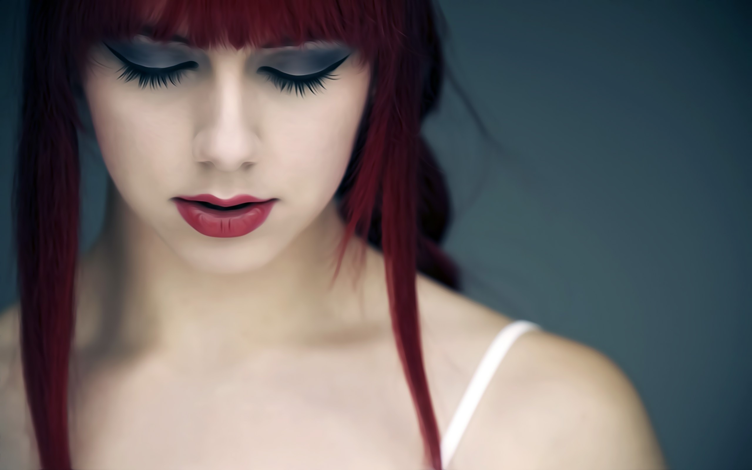Women Readhead Artwork Digital Art Redhead Red Lipstick Face Closed Eyes Portrait Makeup 2560x1600