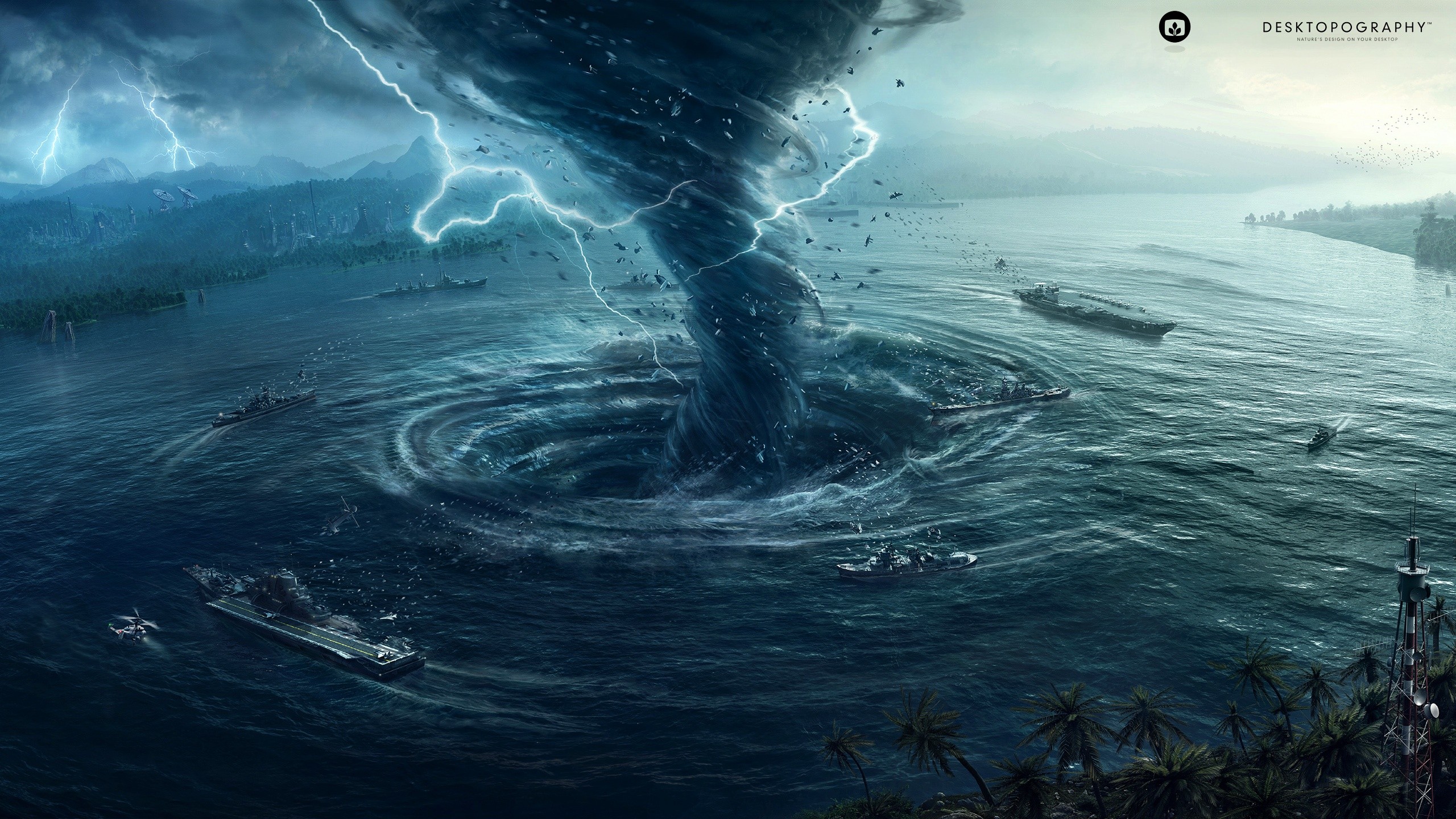 Sea Tornado Nature Water Digital Art Storm Lightning Ship Mountains Palm Trees Vortex Whirling Aircr 2560x1440