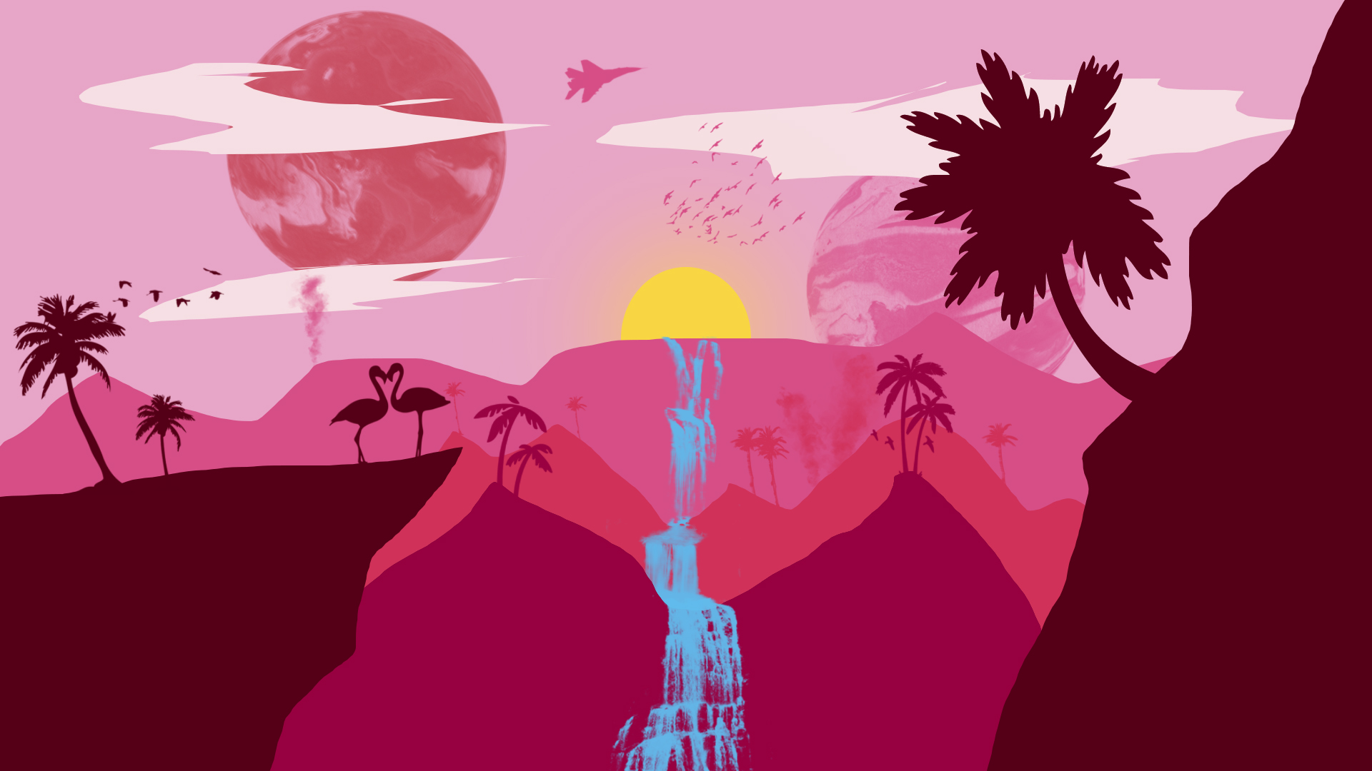 Pink Palm Trees Waterfall Flamingos Digital Art Photoshop Clouds Planet Birds Sun Airplane Mountains 1920x1080