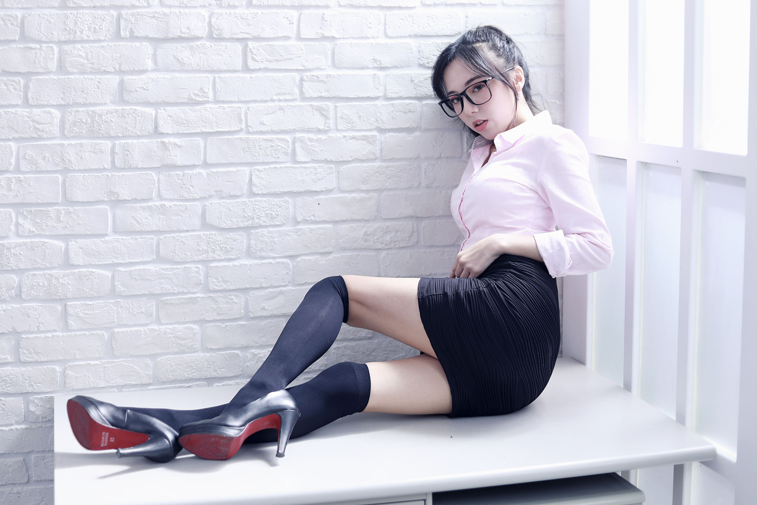 Women Model Asian Brunette Ponytail Office Girl Shirt Knee Highs Black Legwear High Heels Looking At 2560x1707