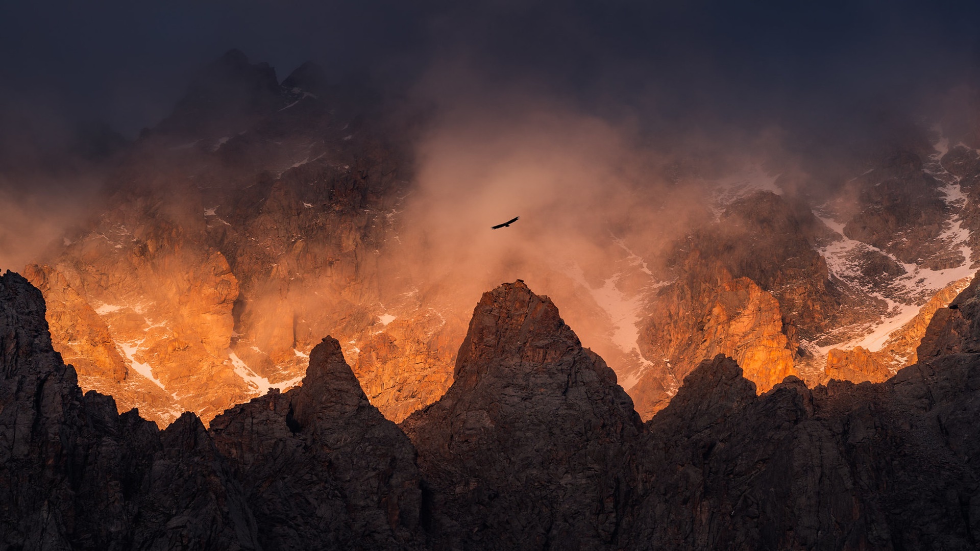 Kyrgyzstan Mountains Birds Fire Snow Mountain Top Asia National Park 1920x1080