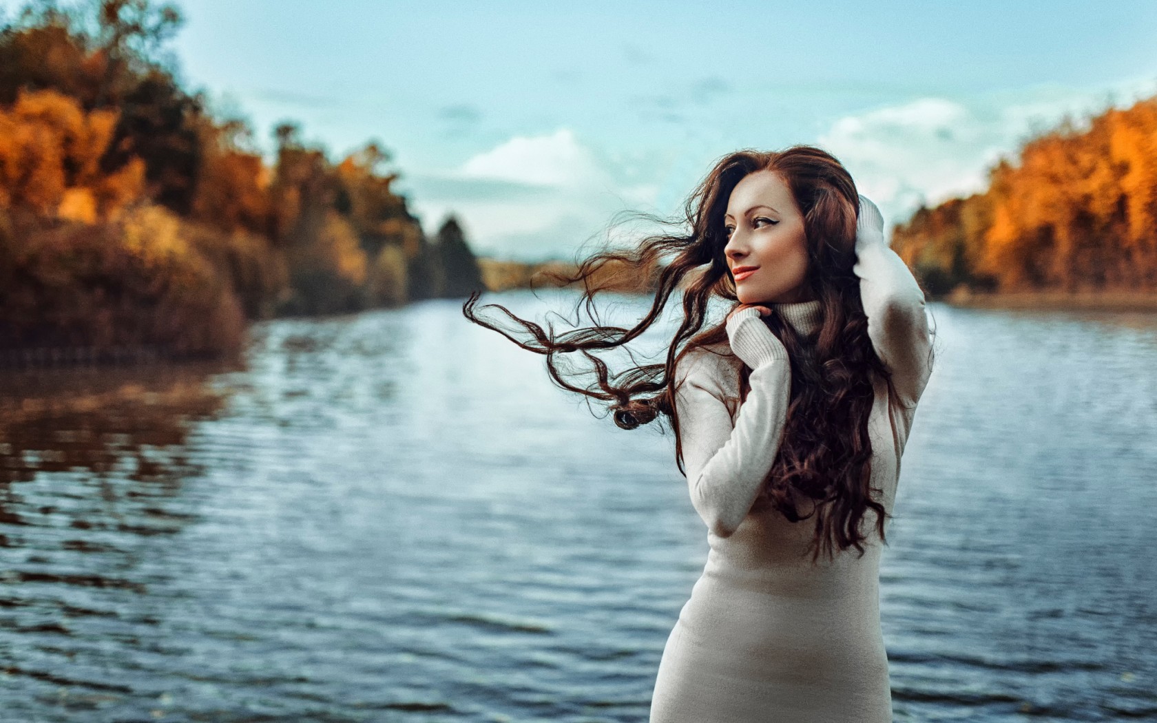 Women Model Nature River Water Sweater Dress 1680x1050
