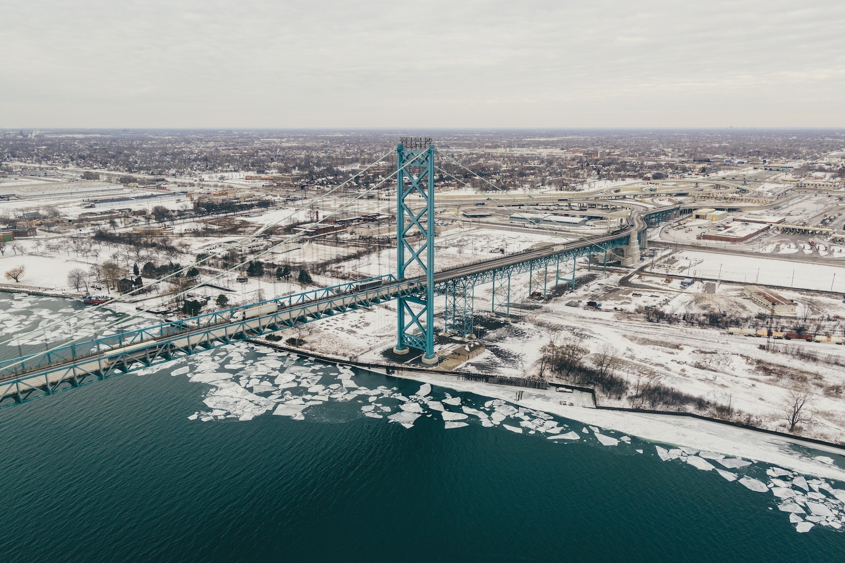 Bridge Winter Ambassador Bridge Landscape Traffic Road 1728x1152