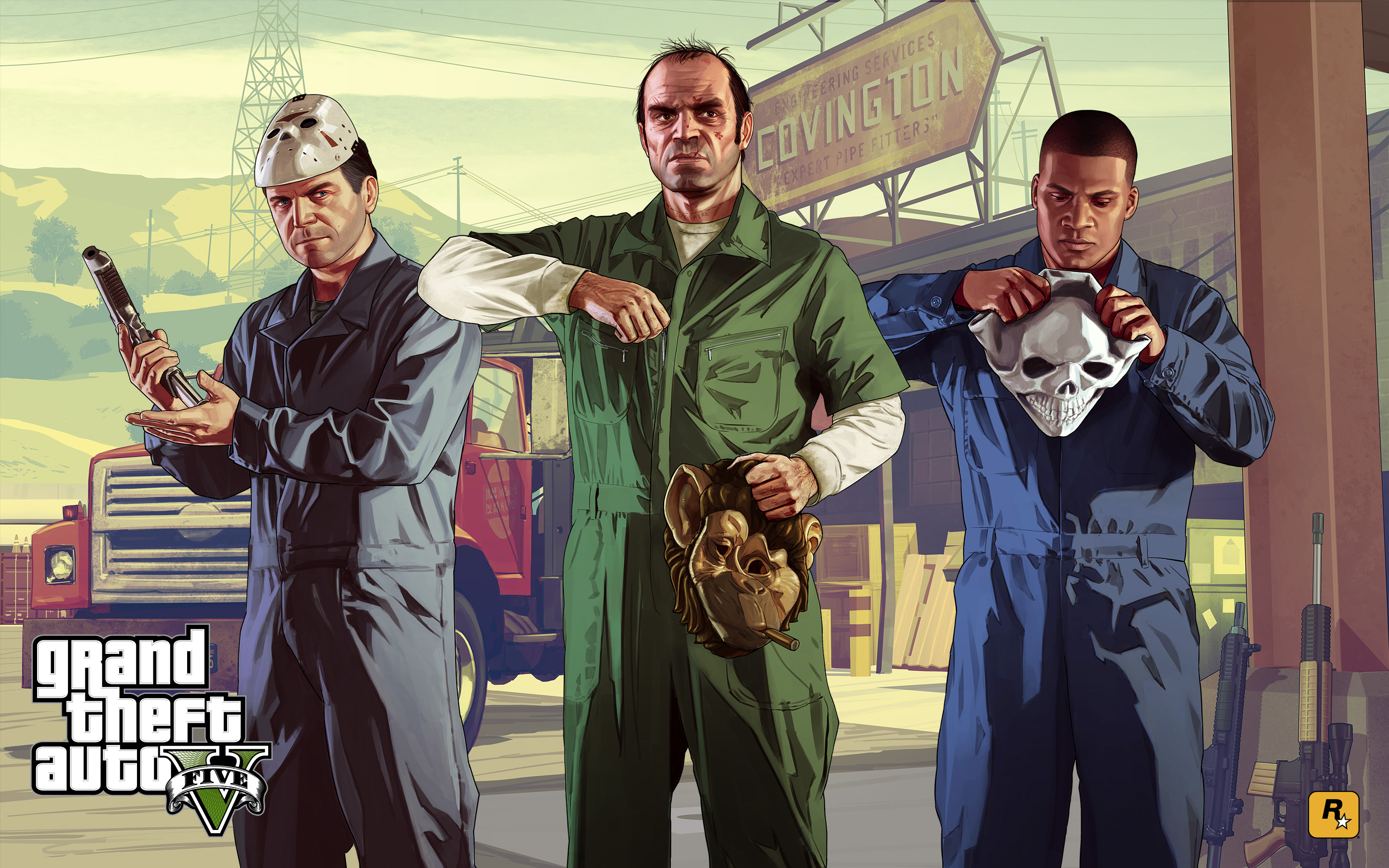 Rockstar Games Video Games Video Game Art Grand Theft Auto Grand Theft Auto V Trevor Philips Michael 2880x1800