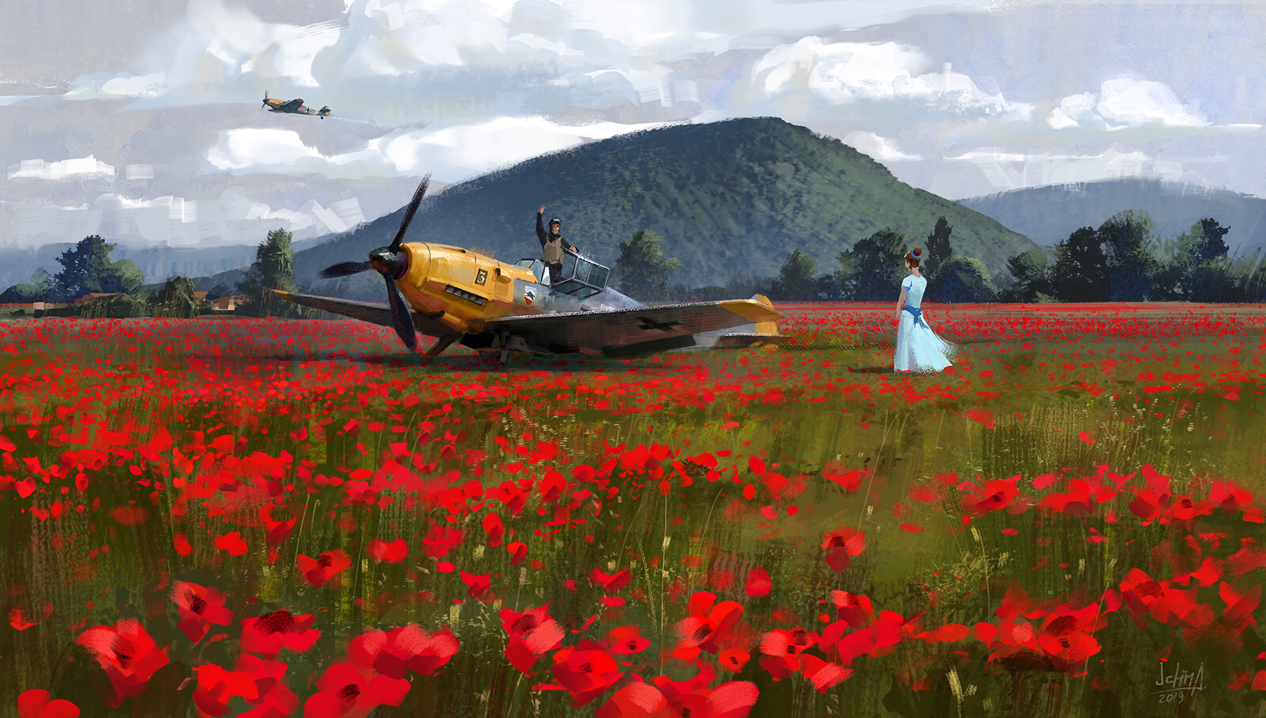 Poppies Women Pilot Airplane Mountains Field Flowers Flying Rural Environment Messerschmitt Bf 109 2560x1452