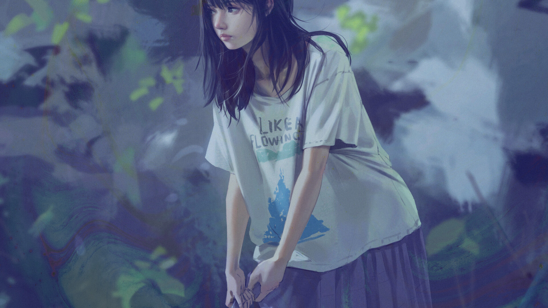 Nature Flowers Women Shirt Anime Long Hair Black Hair Rui Li 1920x1080