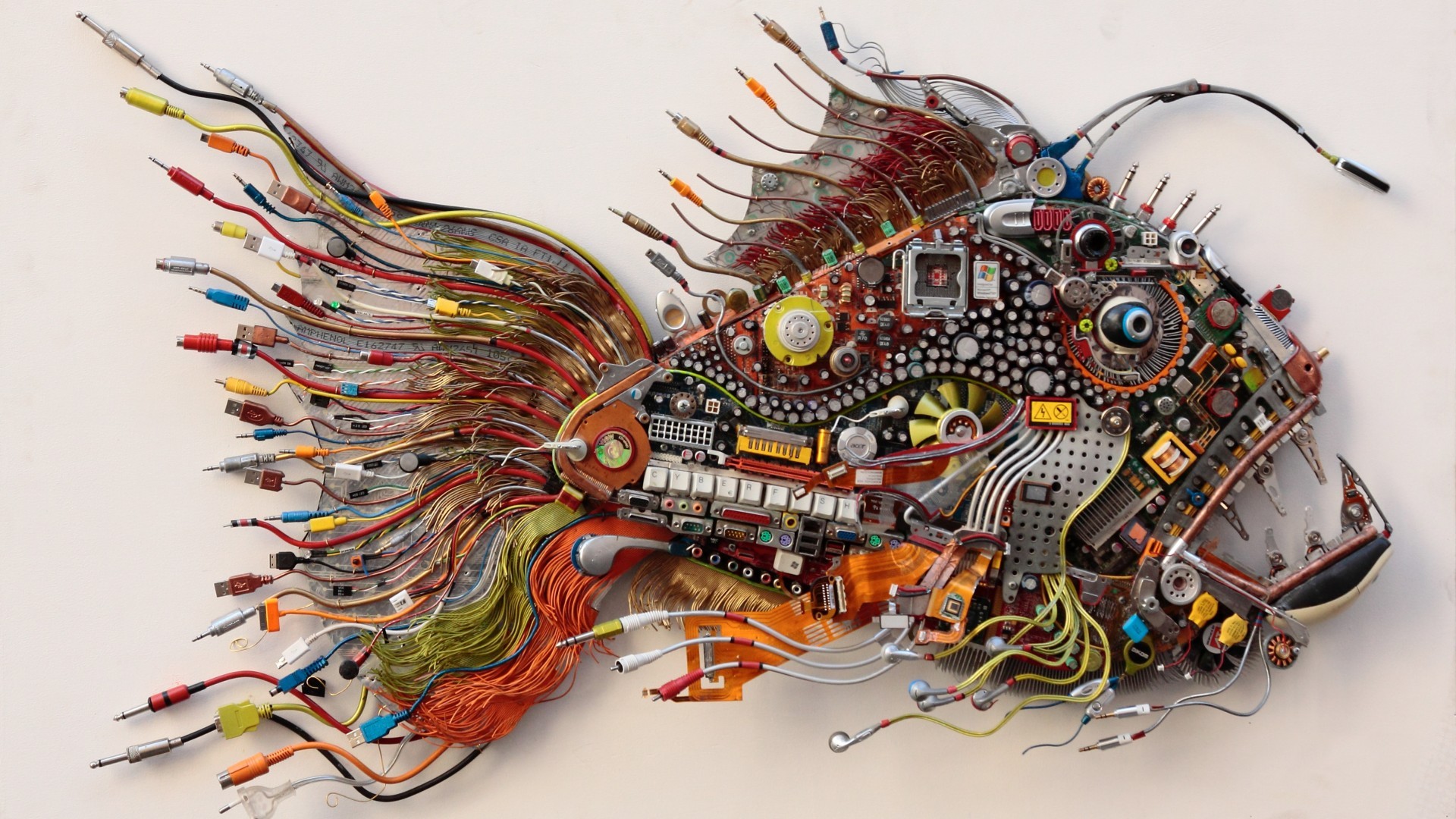 Artwork Wires Earphones Motherboards Electronics White Background USB Microchip Fans Cyber Keyboards 1920x1080