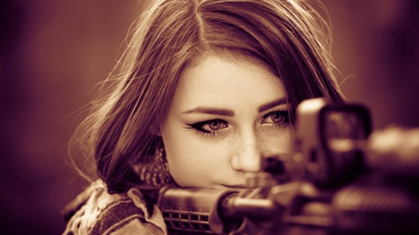 Brunette Women Face Model Gun Closeup Girls With Guns AR 15 1366x768