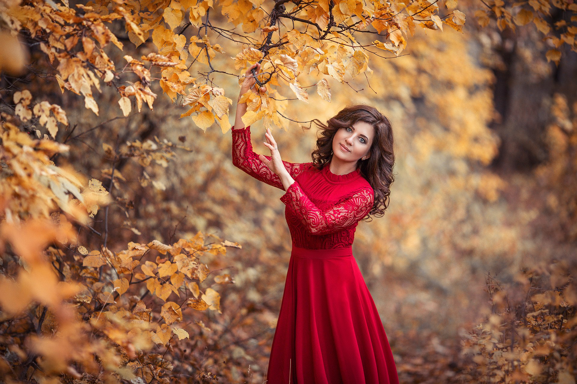 Fall Dress Red Red Dress Women Outdoors Nature Sergey Shatskov 1920x1280