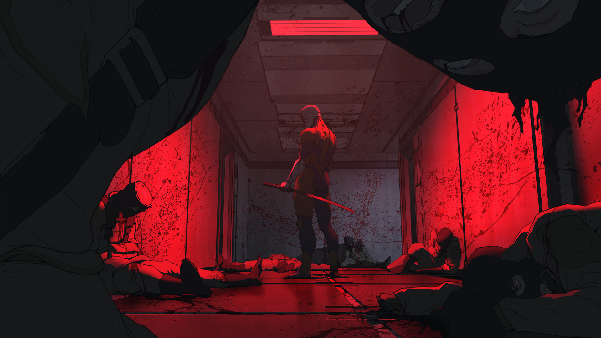 Wouter Gort Men Digital Art Artwork Concept Art Katana Red Light Back Corpse Grey Fox Metal Gear Sol 1920x1080