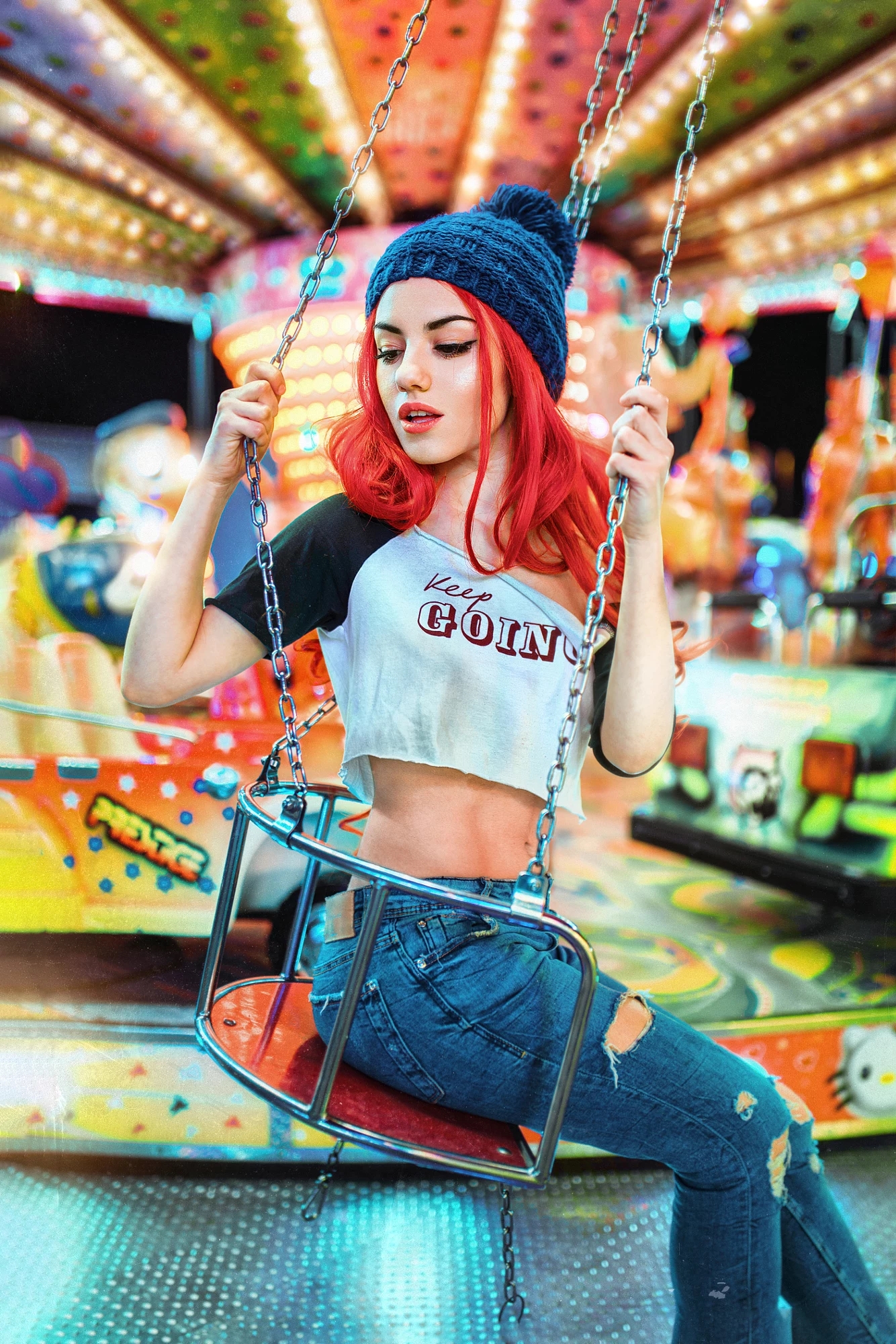 Delaia Gonzalez Women Model Redhead Woolly Hat Crop Top Torn Jeans Sitting Portrait Carousel Swings  1334x2000