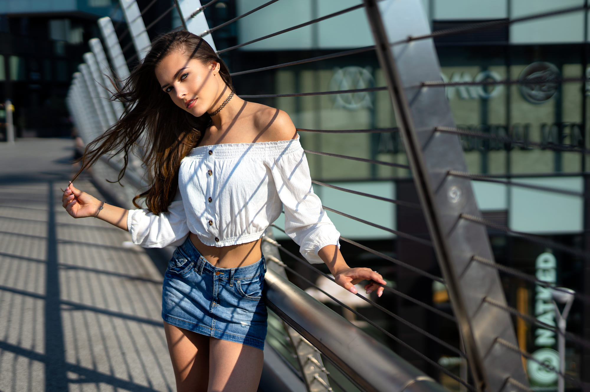 Women Marco Squassina Denim Skirt Portrait Choker Brunette Bare Shoulders Women Outdoors 2000x1328