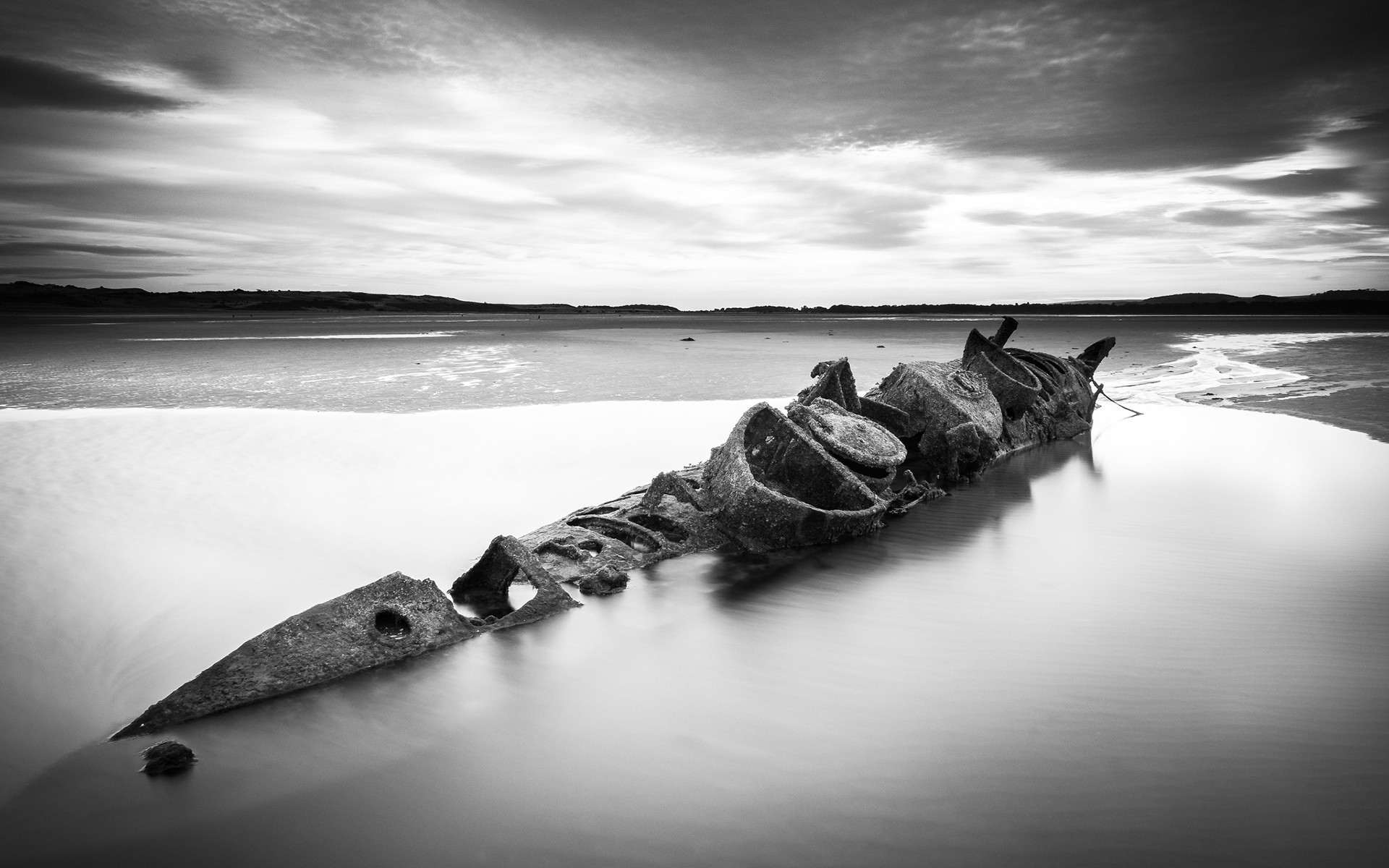 Nature Landscape Water Sea Clouds Ship Shipwreck Rust Drown Monochrome Long Exposure 1920x1200