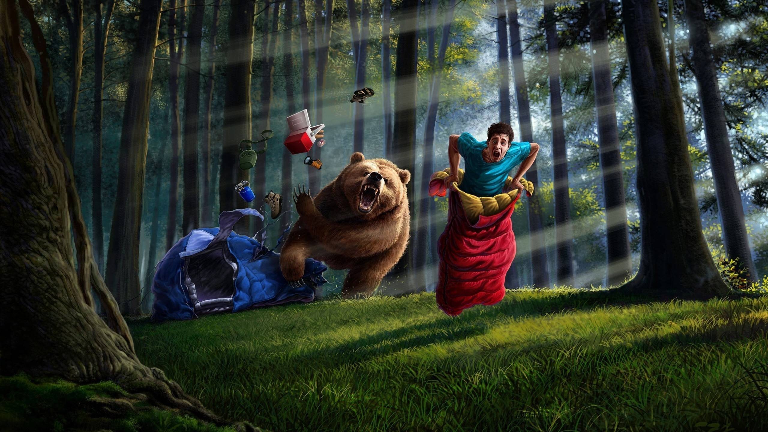Digital Art Creativity Animals Grizzly Bear Jumping Running Forest Anime Sunlight Food Bears Men Ten 2560x1440