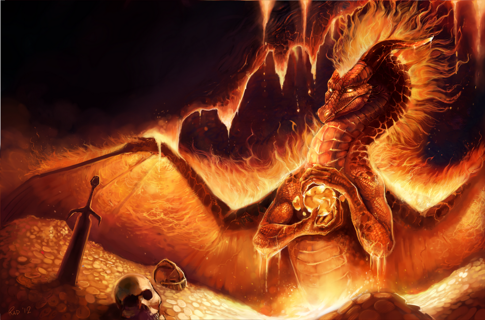 Dragon Fire Skull Treasure Creature Sword Fantasy Art 1638x1080