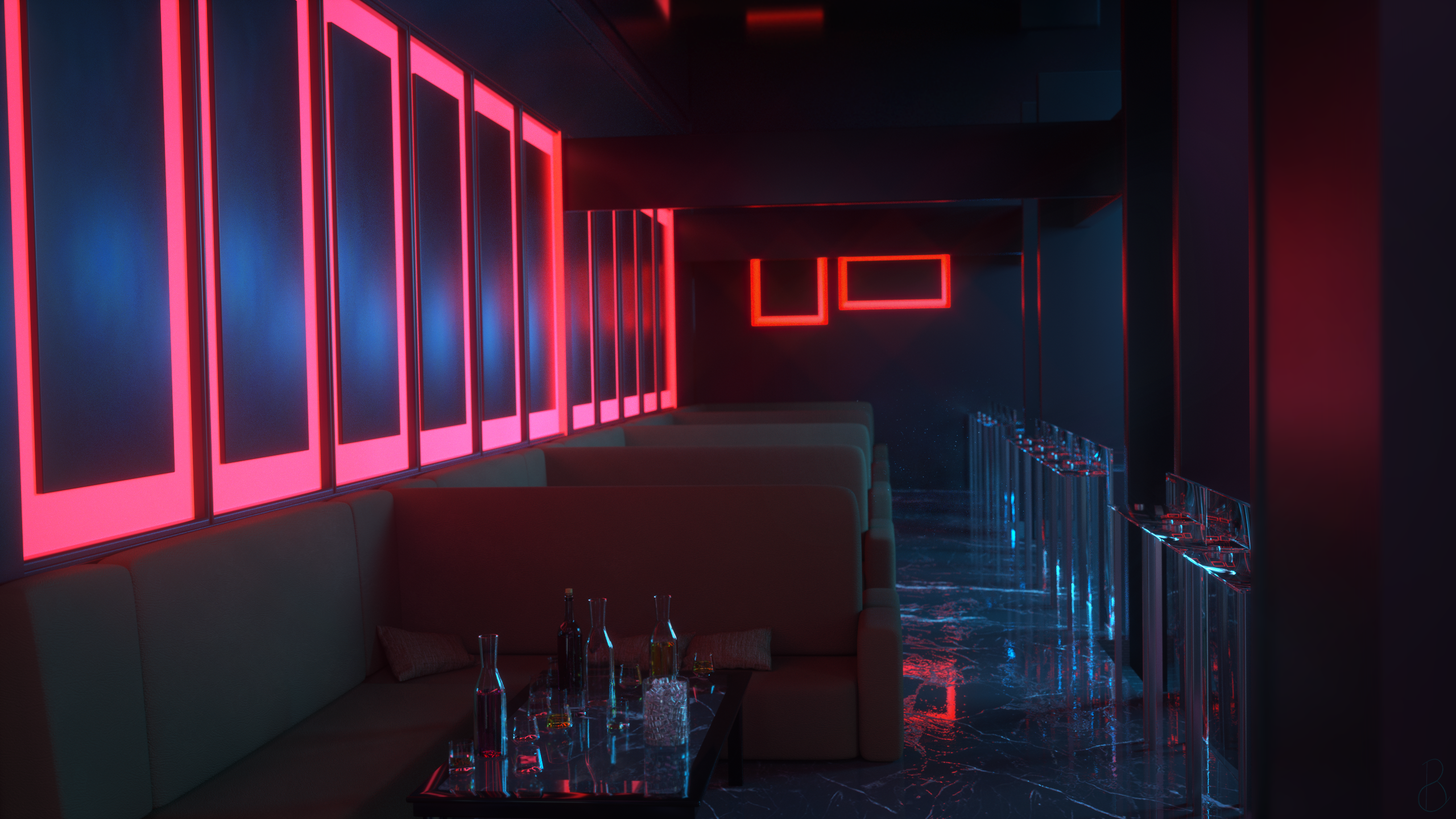 Nightclub Alcohol Neon Glowing Reflection Glass Bottles Light Effects Couch Marble Ice Cubes Digital 2560x1440