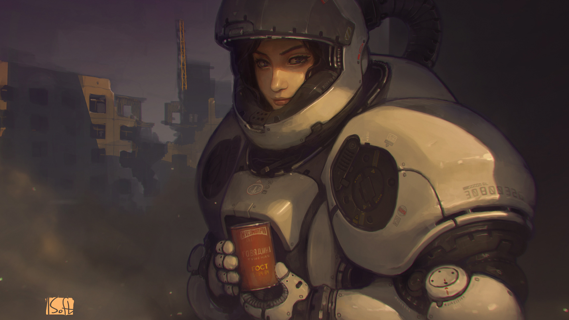 Drawing Science Fiction Digital Art Space Suit Cyrillic Ruins Futuristic Armor Women 1920x1080