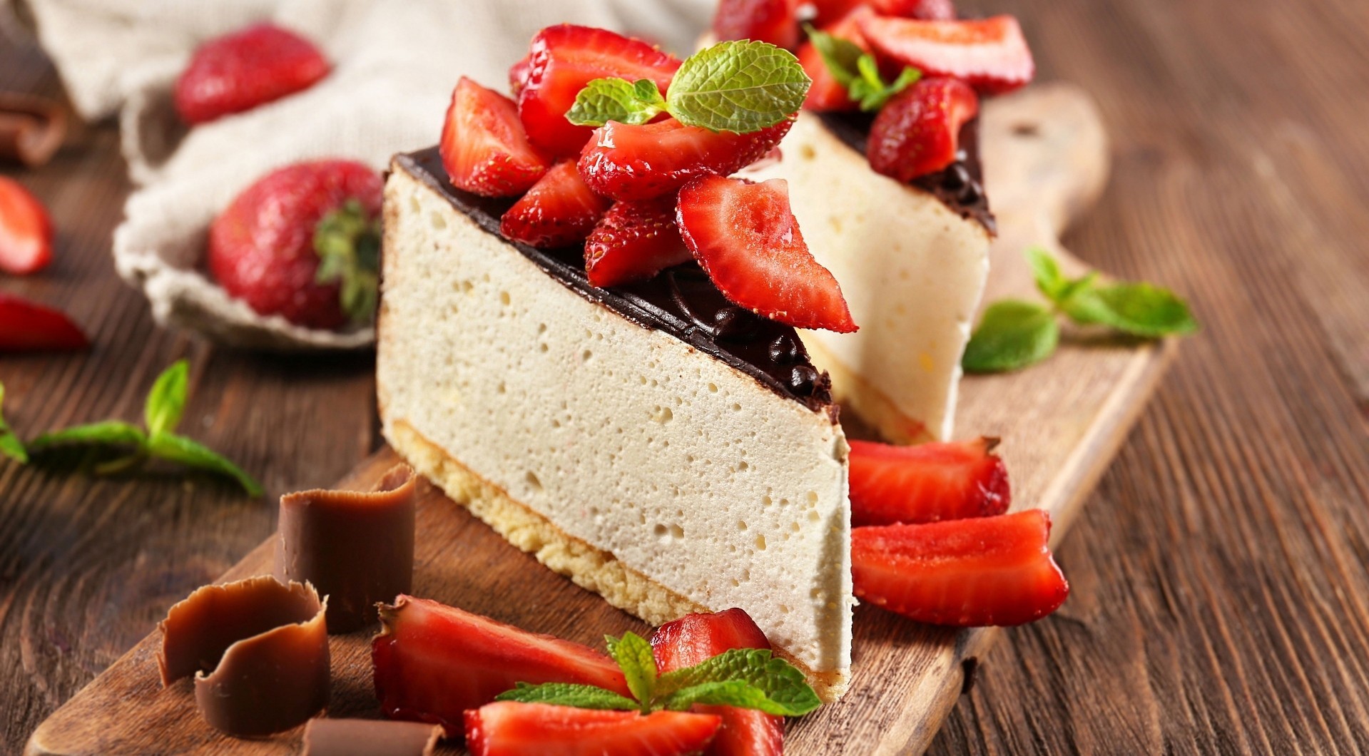 Strawberries Cheesecake Fruit Sweets Food Cake Mint Leaves Cutting Board Wooden Surface Chocolate 1919x1060