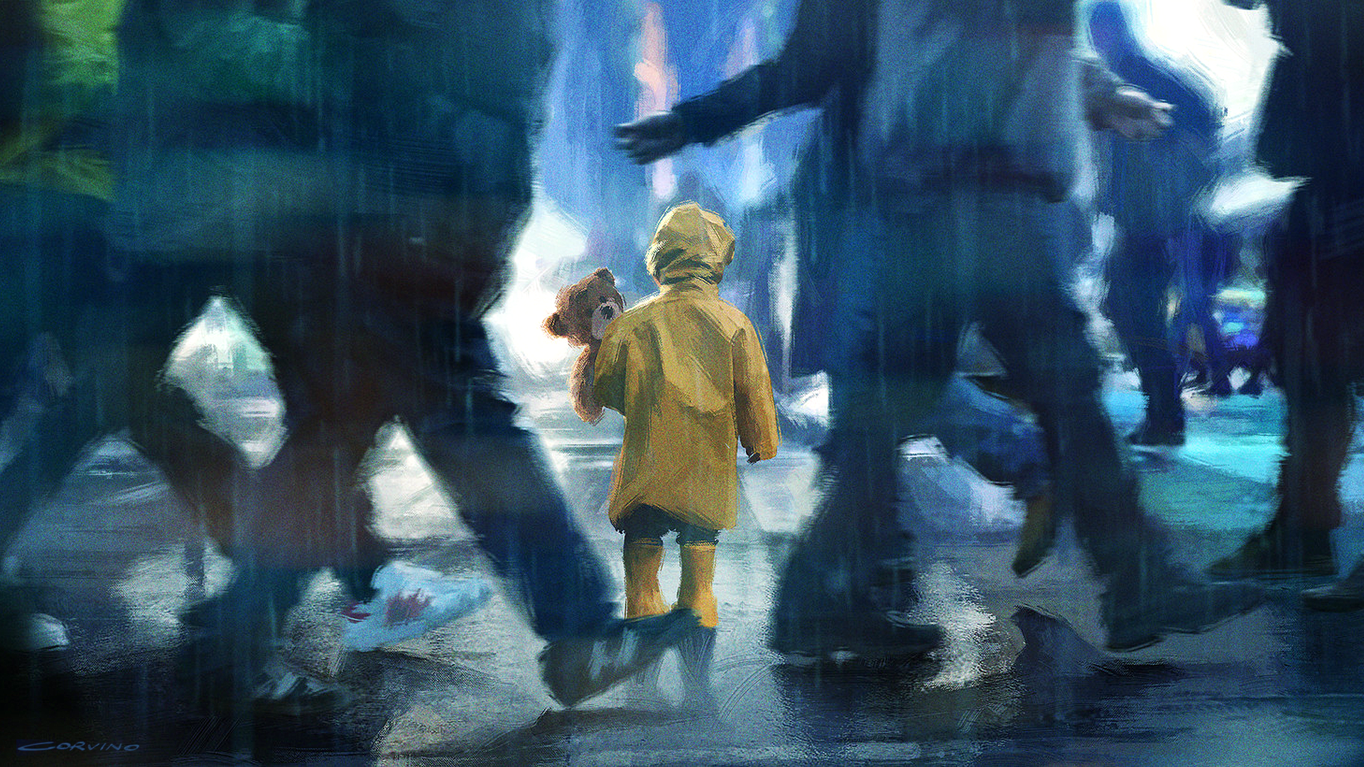 Francesco Corvino Digital Art Artwork Alone Children Teddy Bears Yellow Clothing City Walking Street 1920x1080
