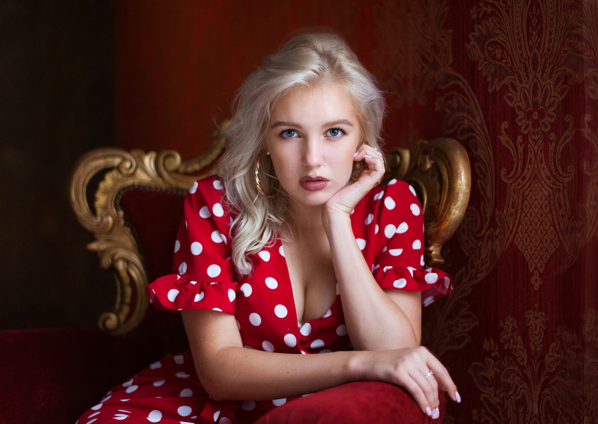 Christina Artemyeva Women Maxim Maximov Polka Dots Dress Blue Eyes Sitting Portrait Pink Nails 2048x1454