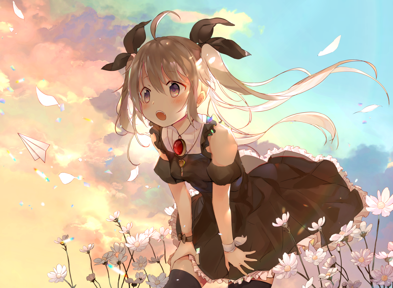 Anime Anime Girls Long Hair Grey Hair Twintails Sky Clouds Flowers Original Characters Paper Planes 1361x1000