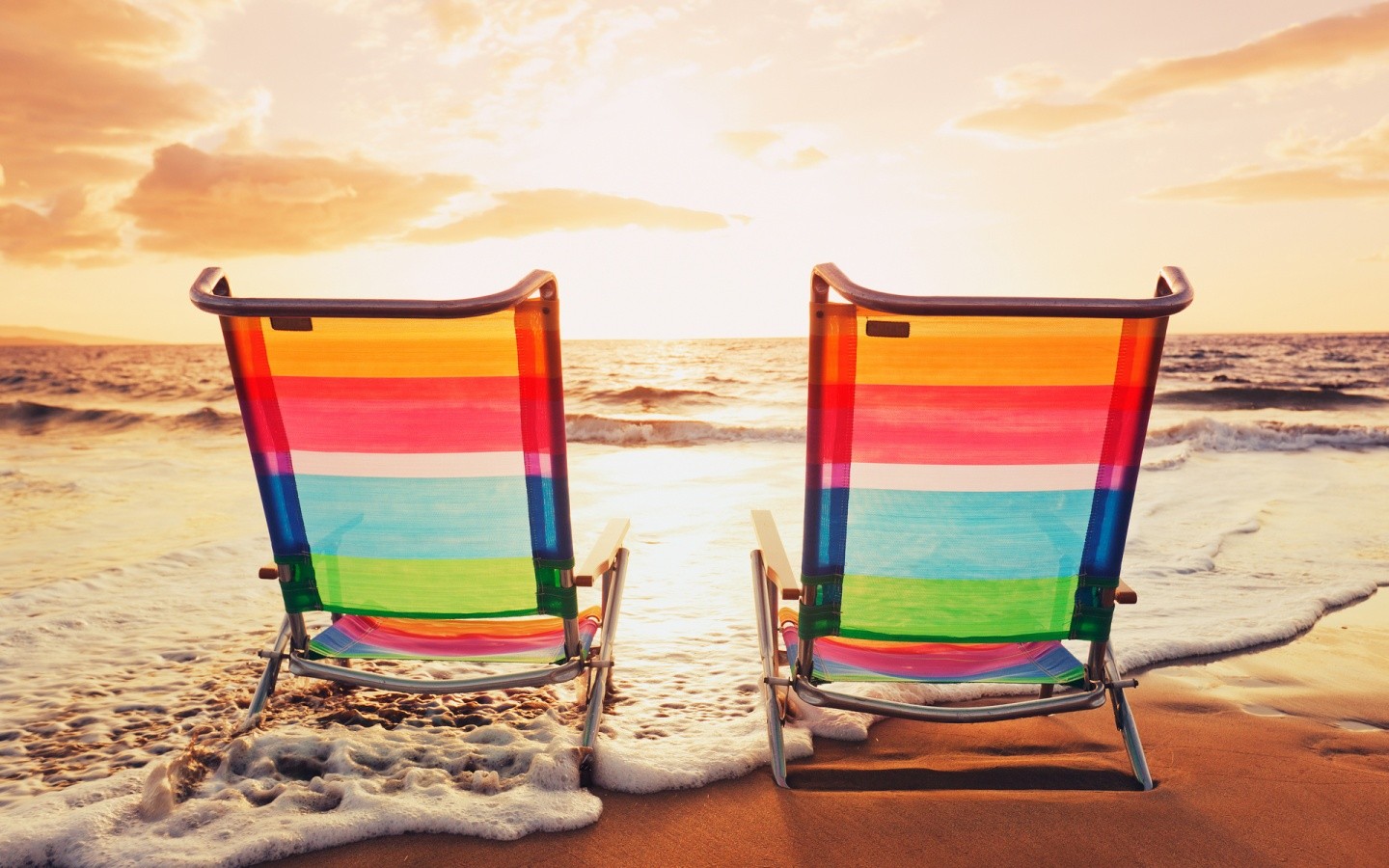 Horizon Beach Sea Water Waves Sunlight Colorful Sunbed Photography Summer Chair 1440x900