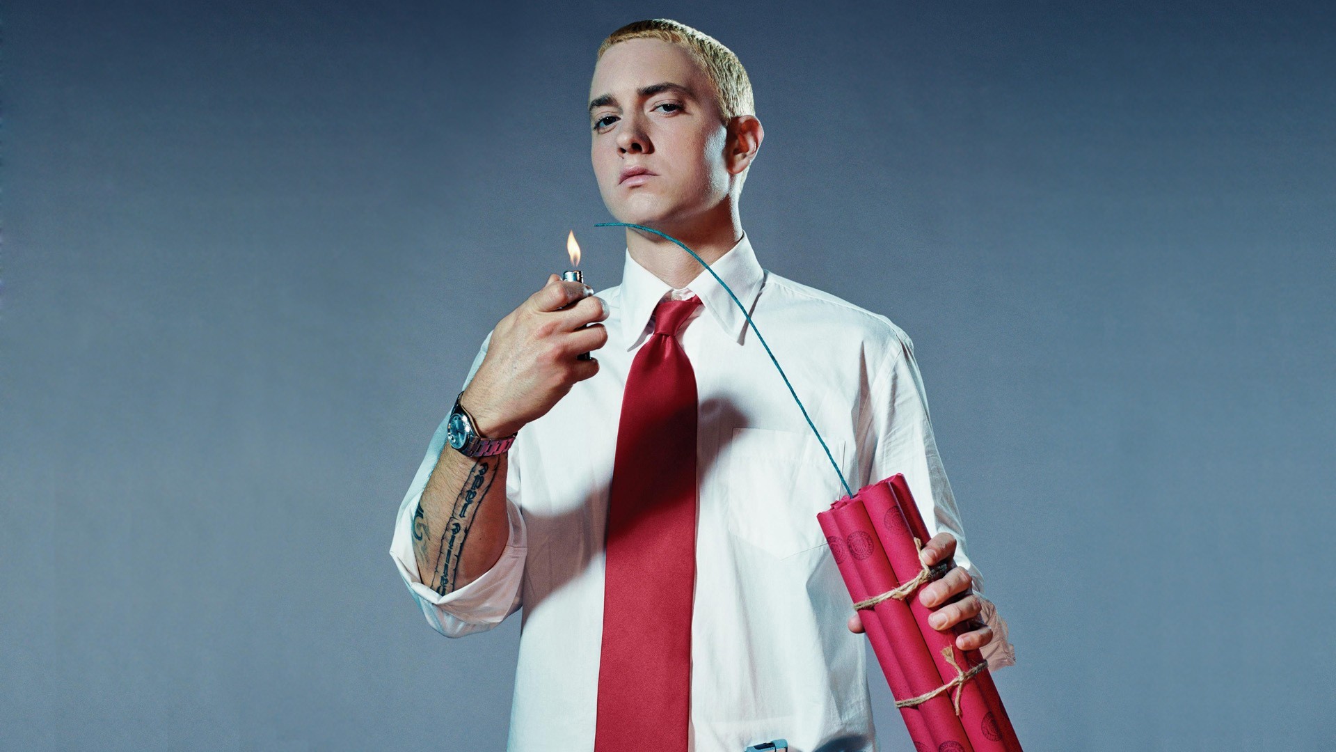 Eminem Dynamite Lighter Tattoo Men Singer Blue Background Tie 1920x1080
