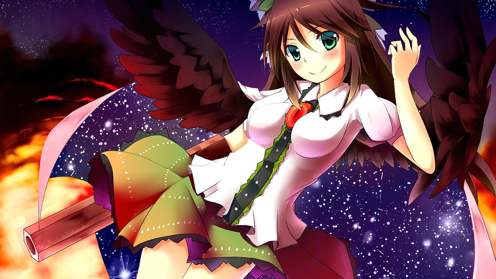Anime Anime Girls Long Hair Brunette Green Eyes Smiling Wings School Uniform Looking At Viewer Touho 1920x1080