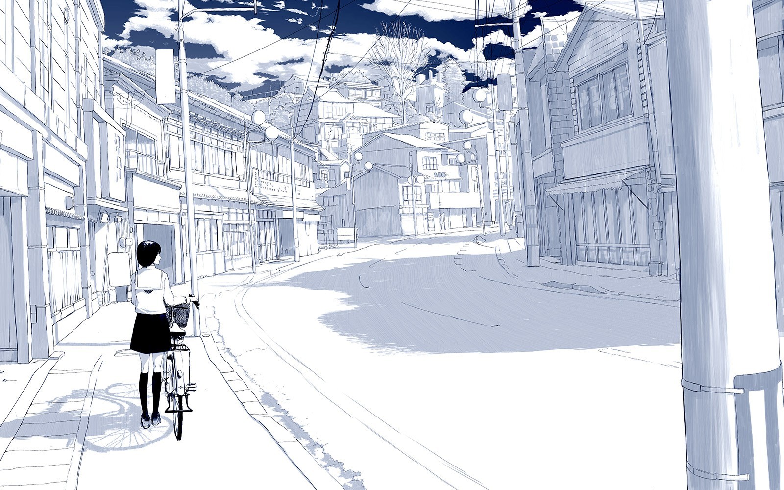 Selective Coloring Sky Bicycle Cityscape Anime Girls Drawn 1600x1000