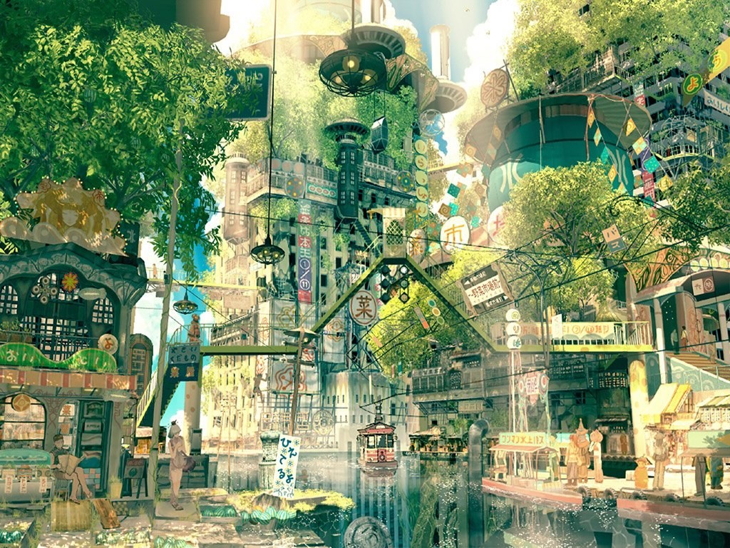Digital Art Japan Fantasy Art City Street Trees Imperial Boy Fantasy City Anime 1024x768